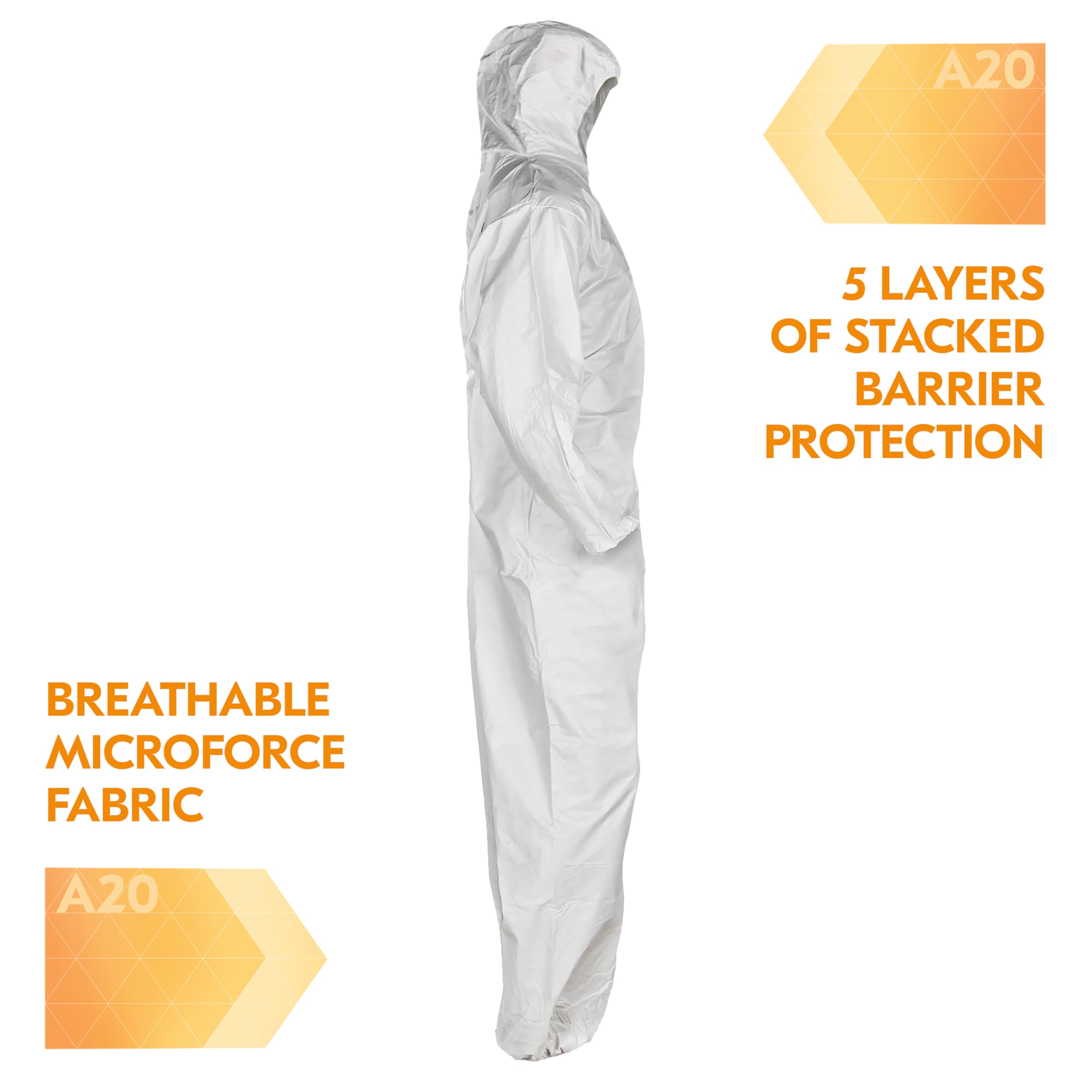 Kleenguard A20 transpirable de partículas protección con capucha traje de trabajo ((41169), diseño de reflejo, cremallera frontal, elástica muñecas y tobillos, color blanco, XL, comodidad unidades 1 par