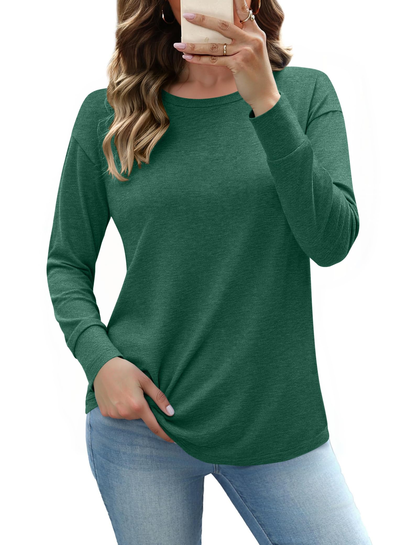 Totatuit Damen Langarmshirt Rundhals Basic Longsleeve Oberteile Lässig Figurfreundlich Weiches Langarmshirt für Büro Freizeit Alltag Grün L