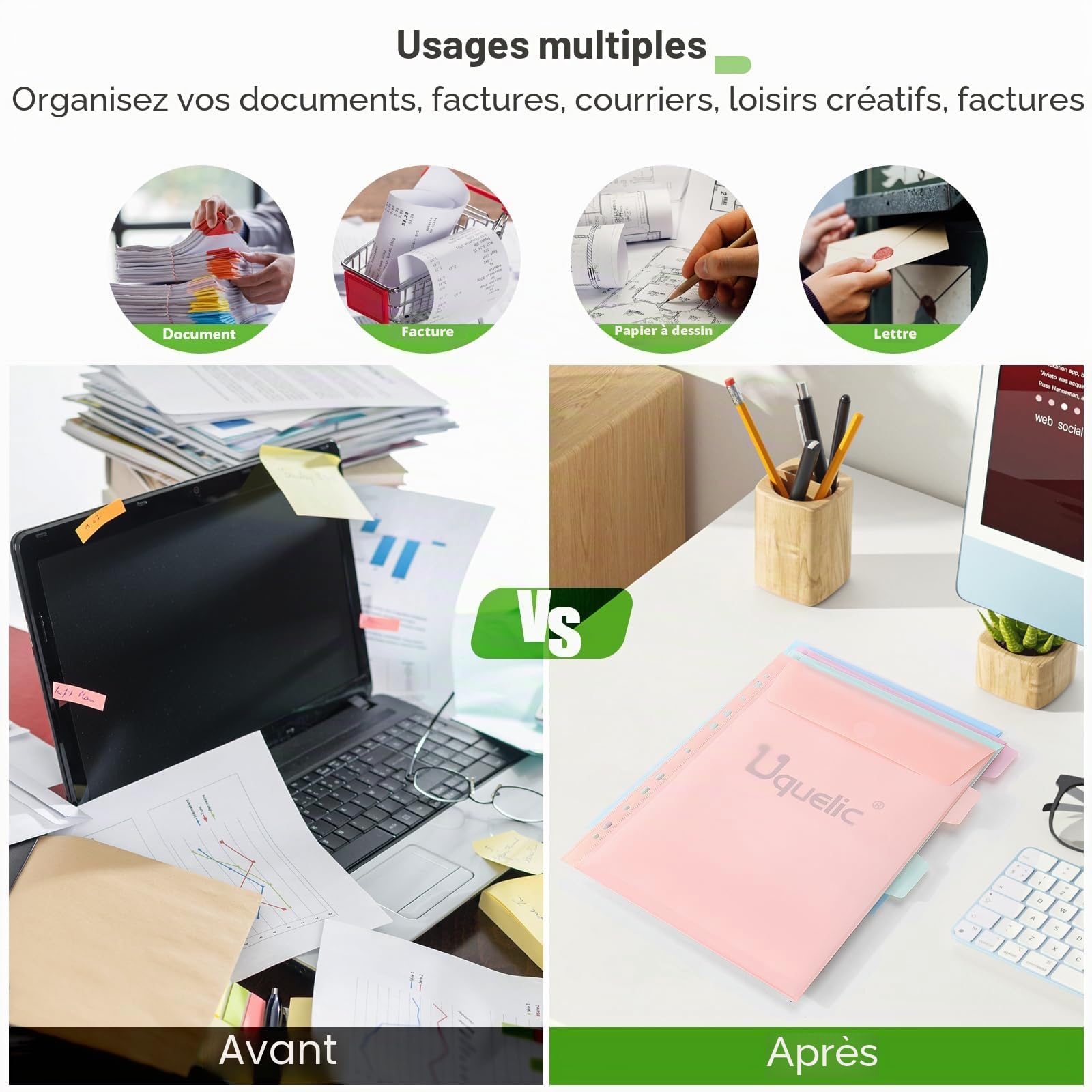 Uquelic Classeur 3 anneaux A4 - Classeur avec 12 pochettes plastique A4 pour organiser et classer des documents, coque souple en PVC (Macaron transparent)