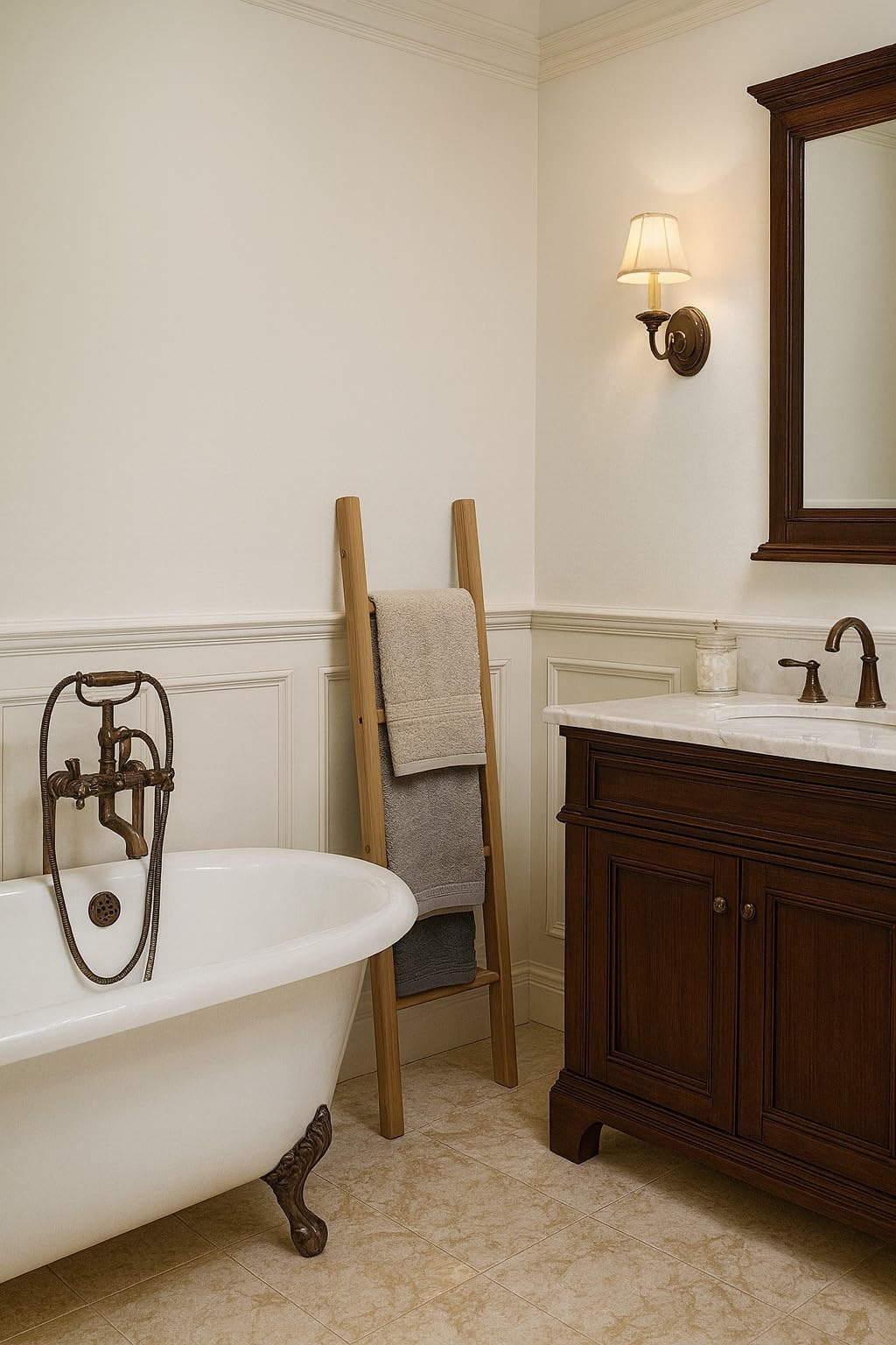 Biscottini Échelle de salle de bain 130 x 35 x 4 cm – Échelle décorative en bois – Porte-serviettes en bois – Porte-serviettes mural en métal et bambou