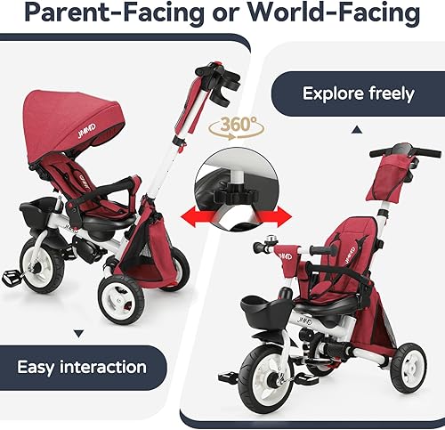 Miniatura 9 de JMMD Cochecito de triciclo 8 en 1 con asa de empuje, triciclo plegable con asiento giratorio de 360, respaldo reclinable, ruedas todo terreno,