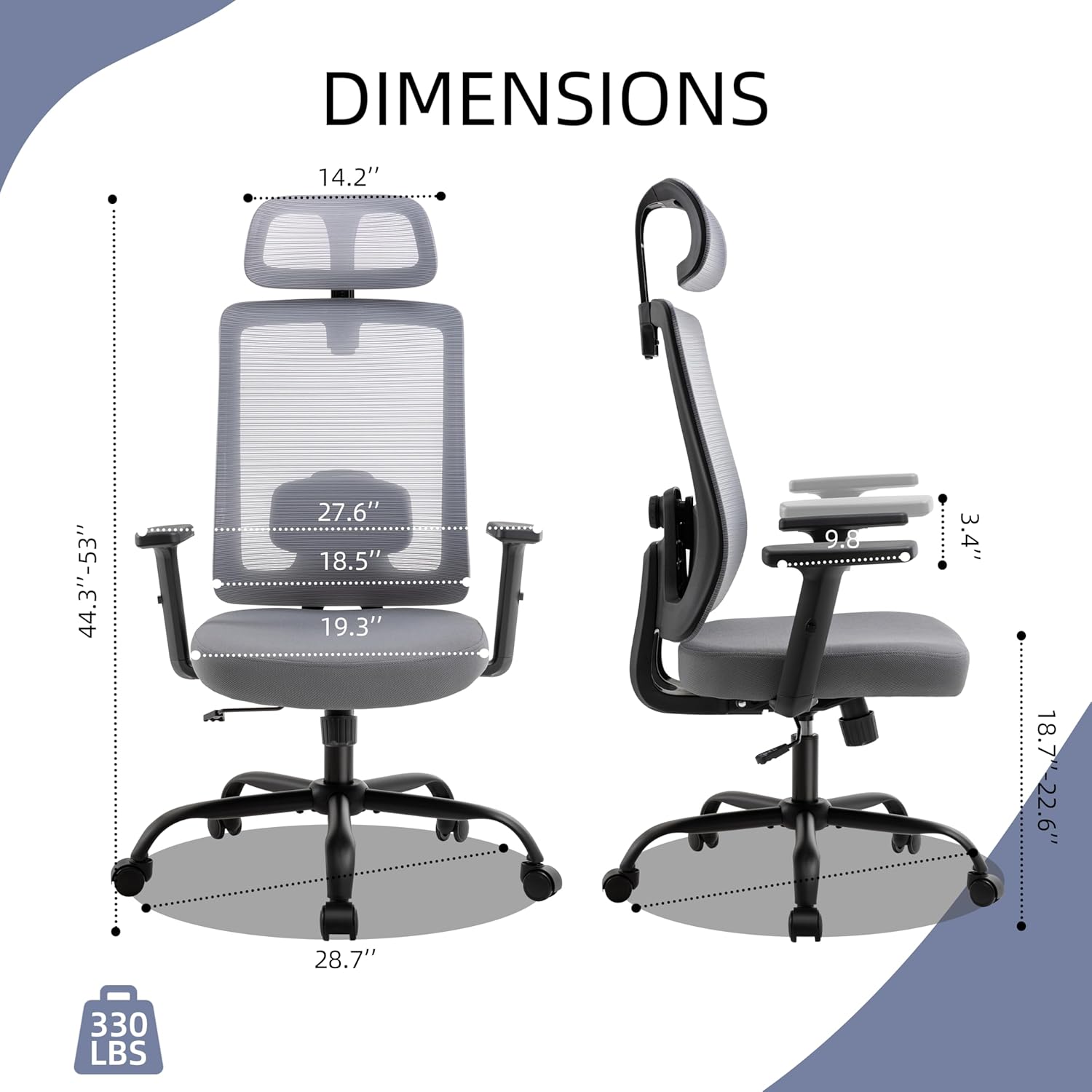 Ergonomic Office Chair, Swivel Mesh Office Chair with Headrest, Adjustable Desk Chair with Flip-Up Arms, Computer Chair for Home Office Work Study, Grey
