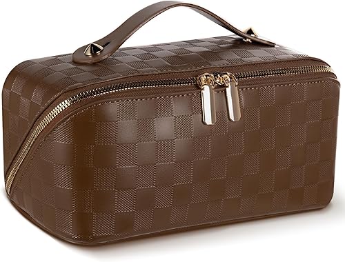 Miniatura 9 de Abiudeng Bolsa de maquillaje grande, bolsa de cosméticos de doble capa, bolsa de maquillaje de viaje, bolsa de maquillaje de cuero, bolsas de viaje