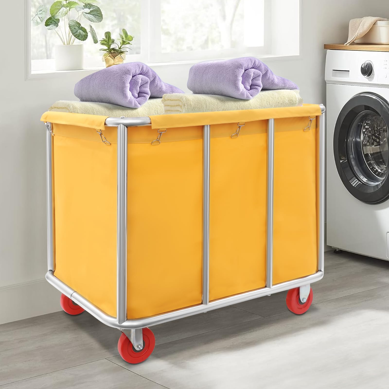 Carro de lavandería de acero inoxidable, con ruedas, capacidad de carga de 118 kg, para hoteles, hospitales, lavandería, 90 x 65 x 80 cm (amarillo)