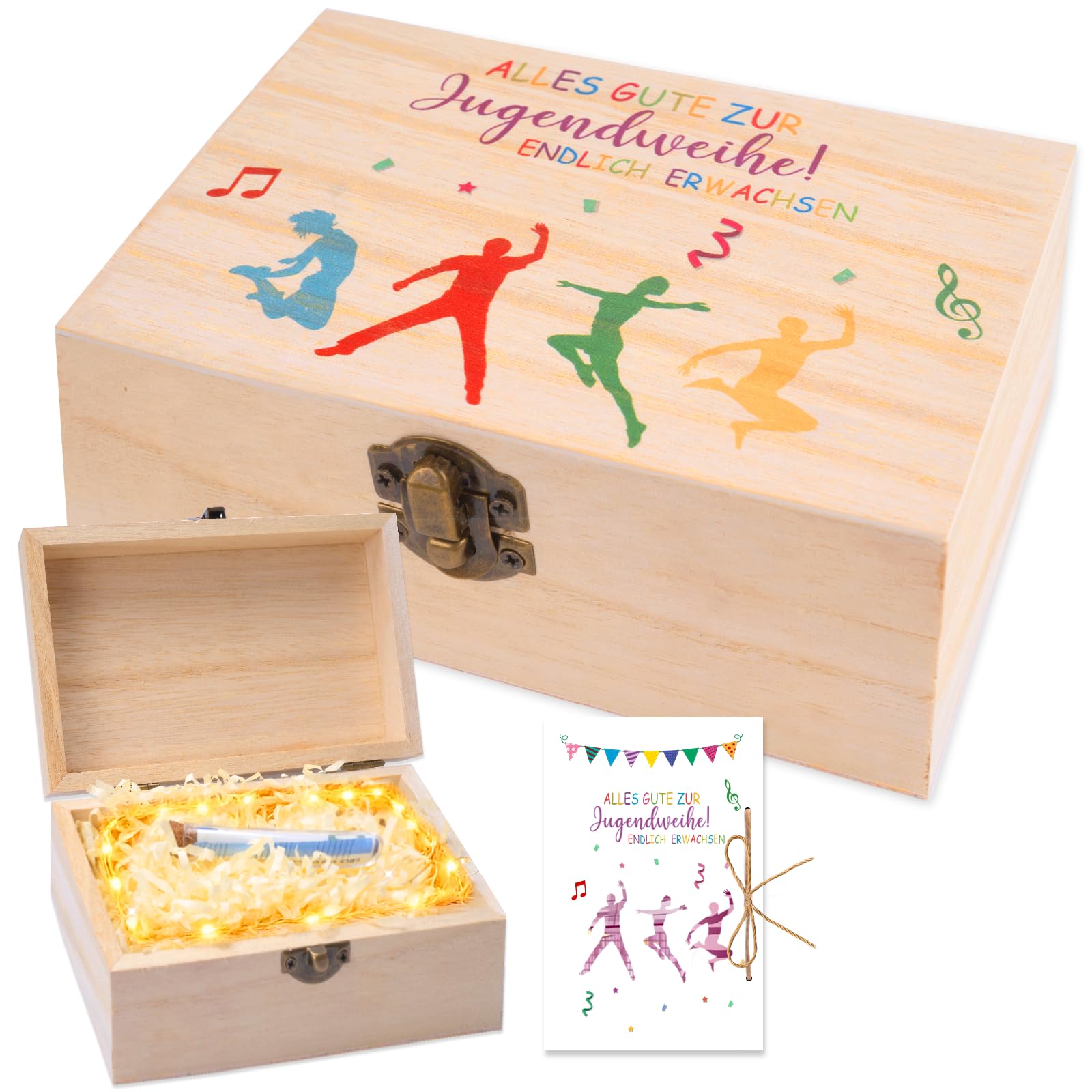 YYSWSAKY Jugendweihe Geldgeschenk Holzbox Jungen Mädchen, Jugendweihe Geldgeschenk Verpackung - Holzbox | Grußkarte | Raffia Gras | LED Lichterketten