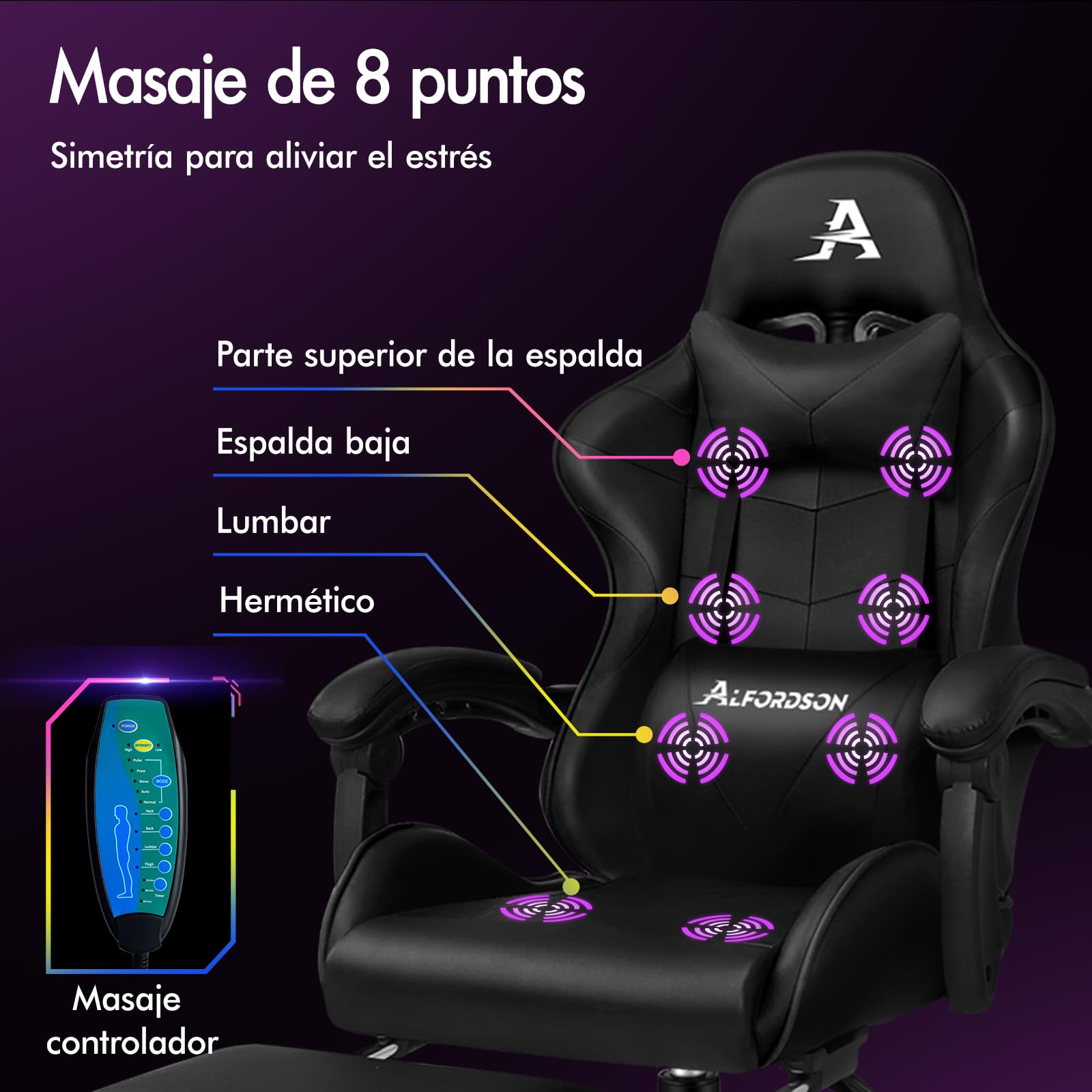 ALFORDSON Silla Gaming Profesional con Masajeador, Silla Ergonómica Gamer, Altura Regulable Silla con Apoyo Lumbar y Reposacabezas, Respaldo Inclinable hasta 150°, Giratoria de 360°, Cuero PU(Negra)