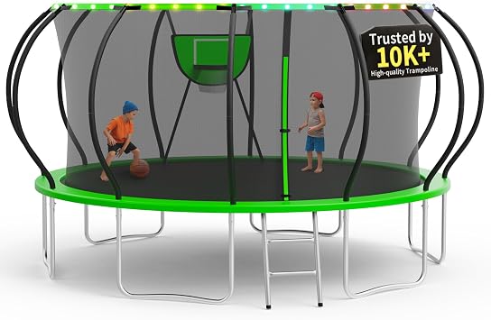 KOFUN Tranpoline Outdoor 16FT 14FT 12FT 10FT 8FT Heavy Duty Tranpoline with Lights, Basketball Hoop, ASTM Approved, 1500 LBS Capacity, Easy Install, for Family Backyard Fun