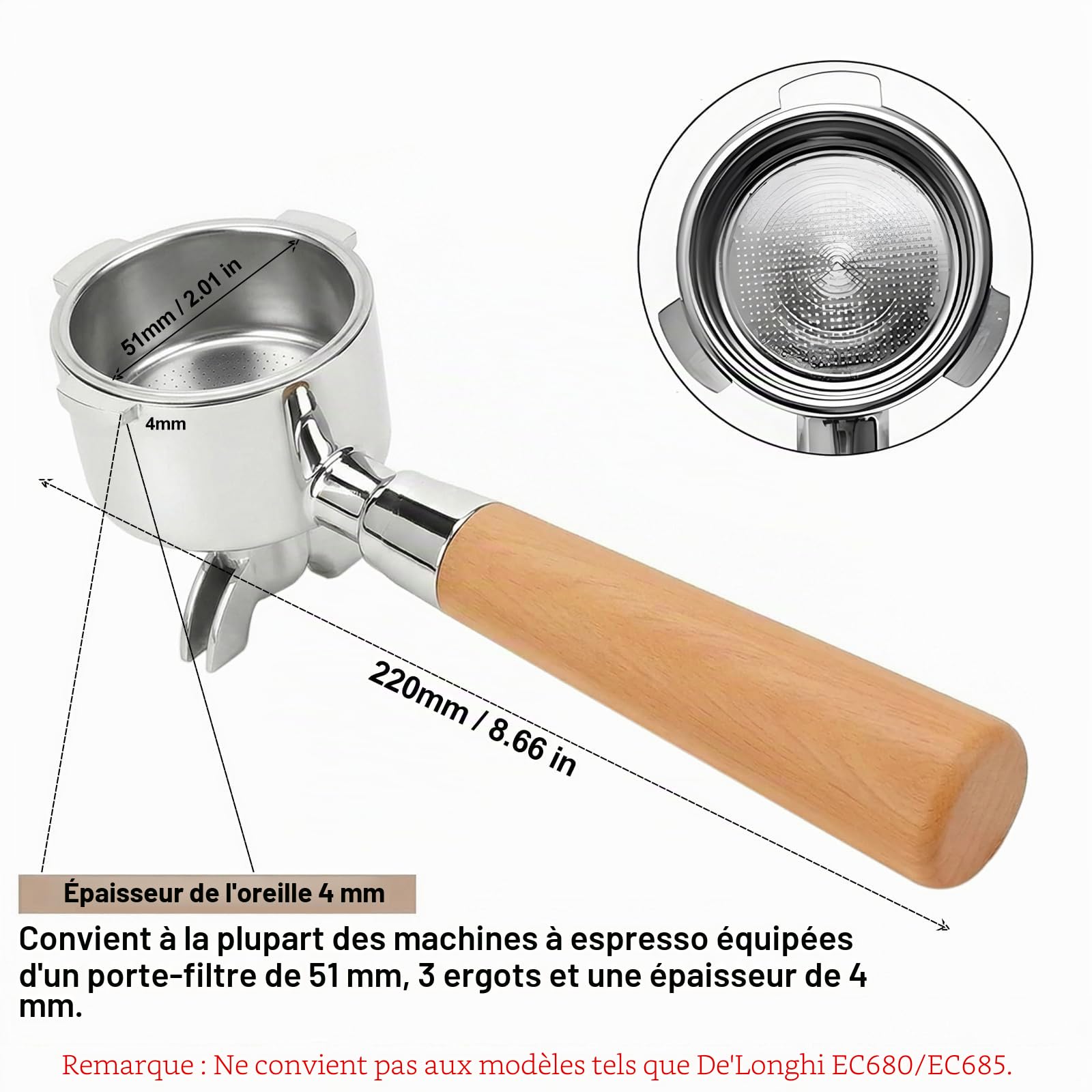 Porte-filtre de 51 mm pour machine à café DeLonghi EM450M, 3 ergots, porte-filtre en acier inoxydable de 4 mm d'épaisseur avec poignée en bois de pour Casabrews CM5418/Cecotec Power Espresso 20