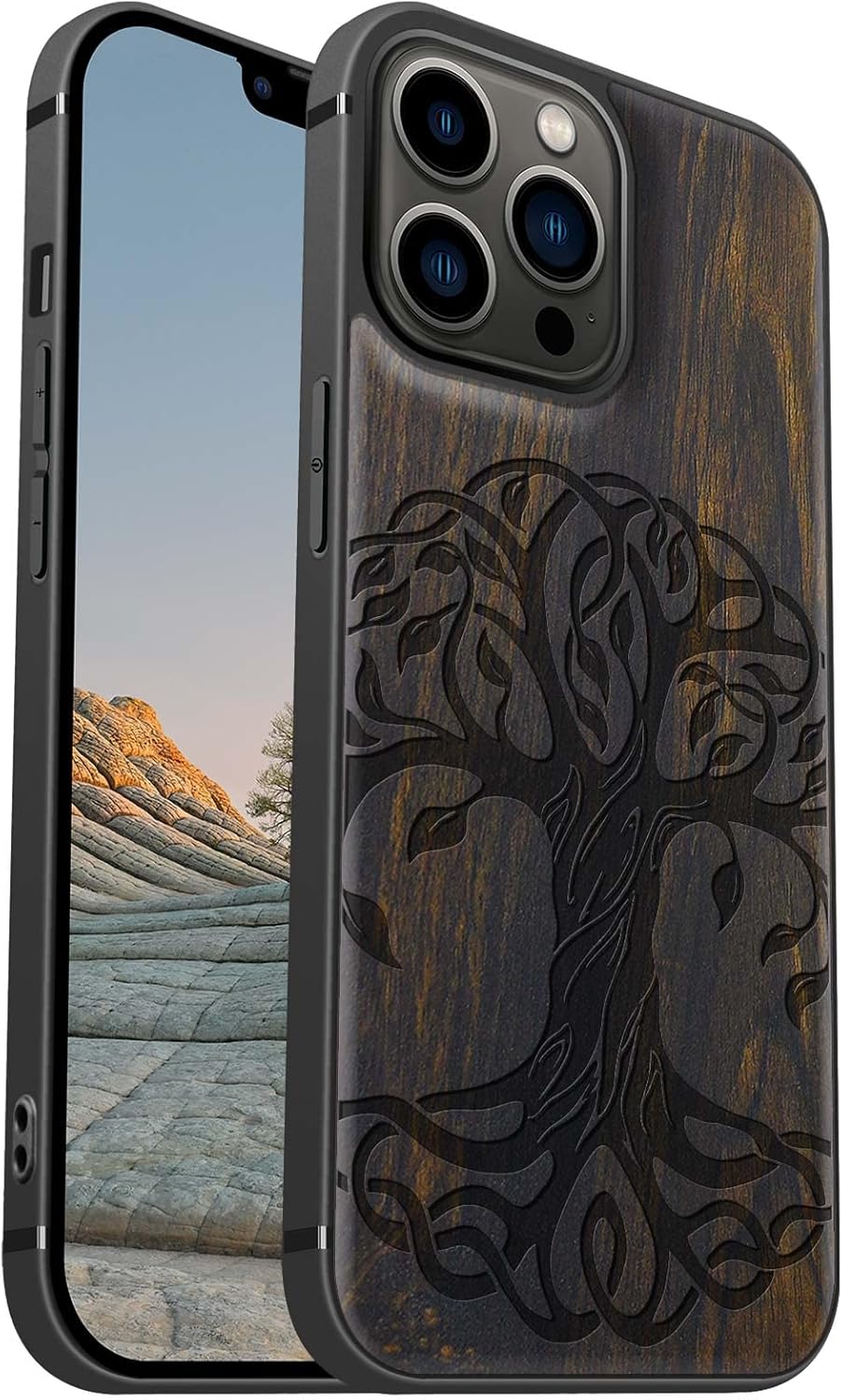 Carveit Magnetic Wood Case for iPhone 13 Pro Max [Hard Real Wood & Soft TPU] Unique & Classy Wooden Shockproof Hybrid Protective Cover Compatible with MagSafe (Celtic Tree of Life-Blackwood)