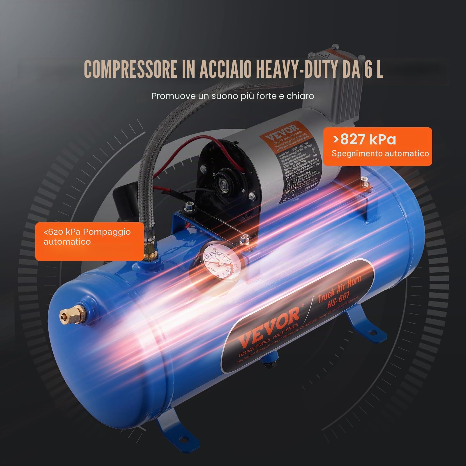 VEVOR Set Clacson da Camion Auto, Set da 4 Trombe Clacson 150 dB per Camioncini, Compressore d'Aria da 12V Pressione 120 PSI, Serbatoio 6 Litri con Manometro per Veicolo a 12V, Camion, Furgone, Barca
