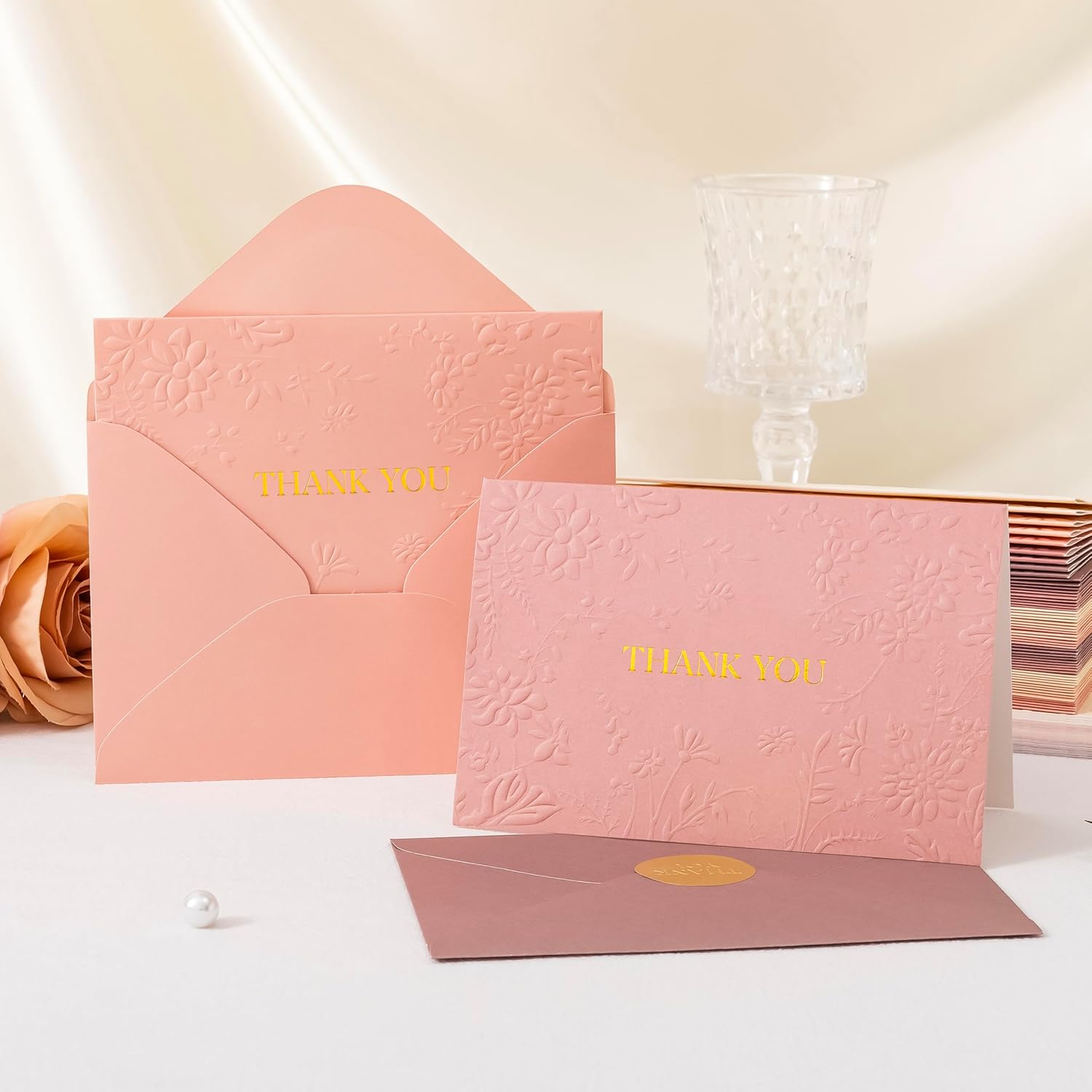 Crisky Pink Wedding Thank You Cards with Envelopes(Dusty Rose),50 Pack Embossed Floral Thank You Cards for Bridal Shower, Baby Shower, Small Business, Graduation Party Favors Decorations