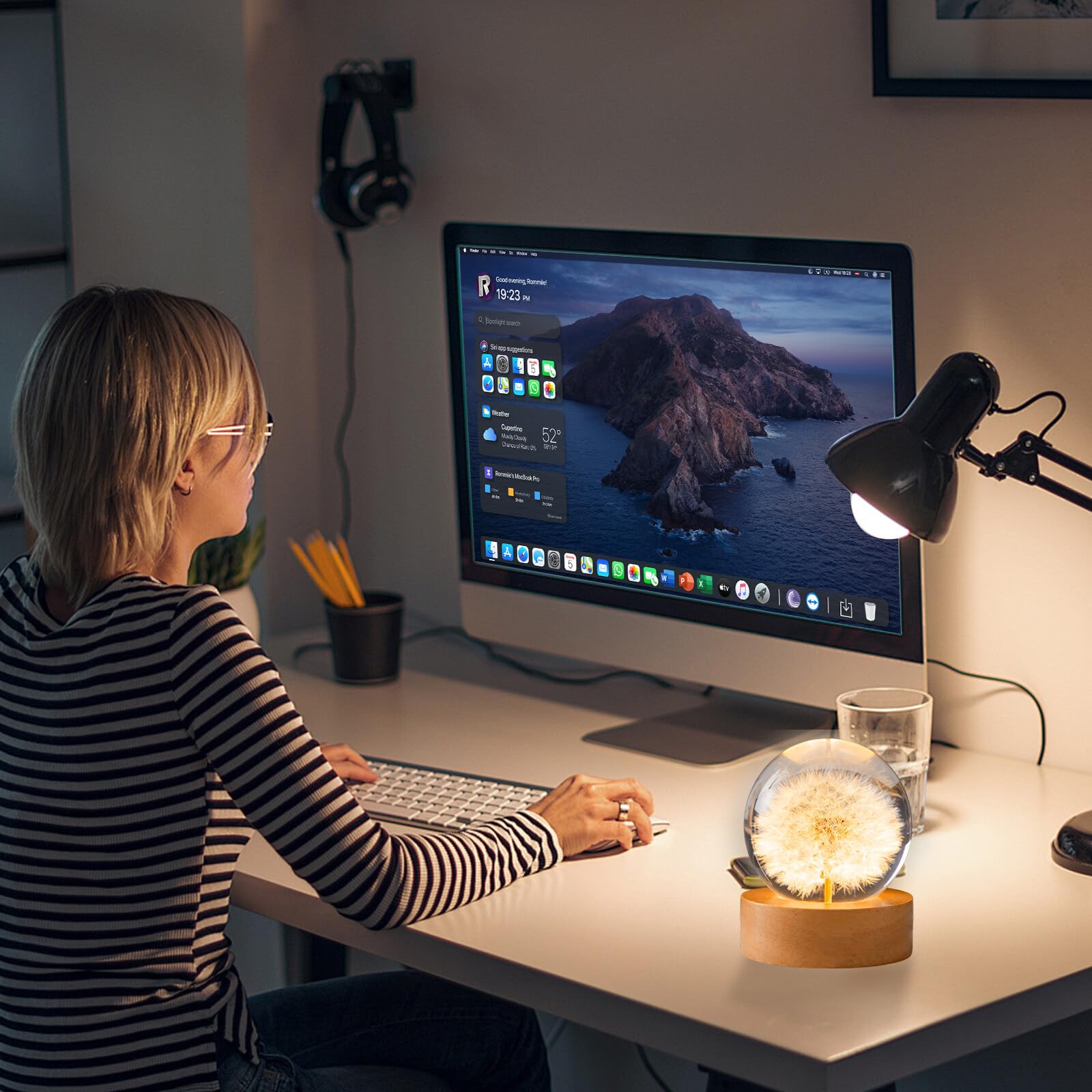 Kryształowa kula, lampka nocna, 6 cm, szklana lalka, lampka nocna, kwiatowa lampka nocna z drewnianą podstawą USB, idealny prezent