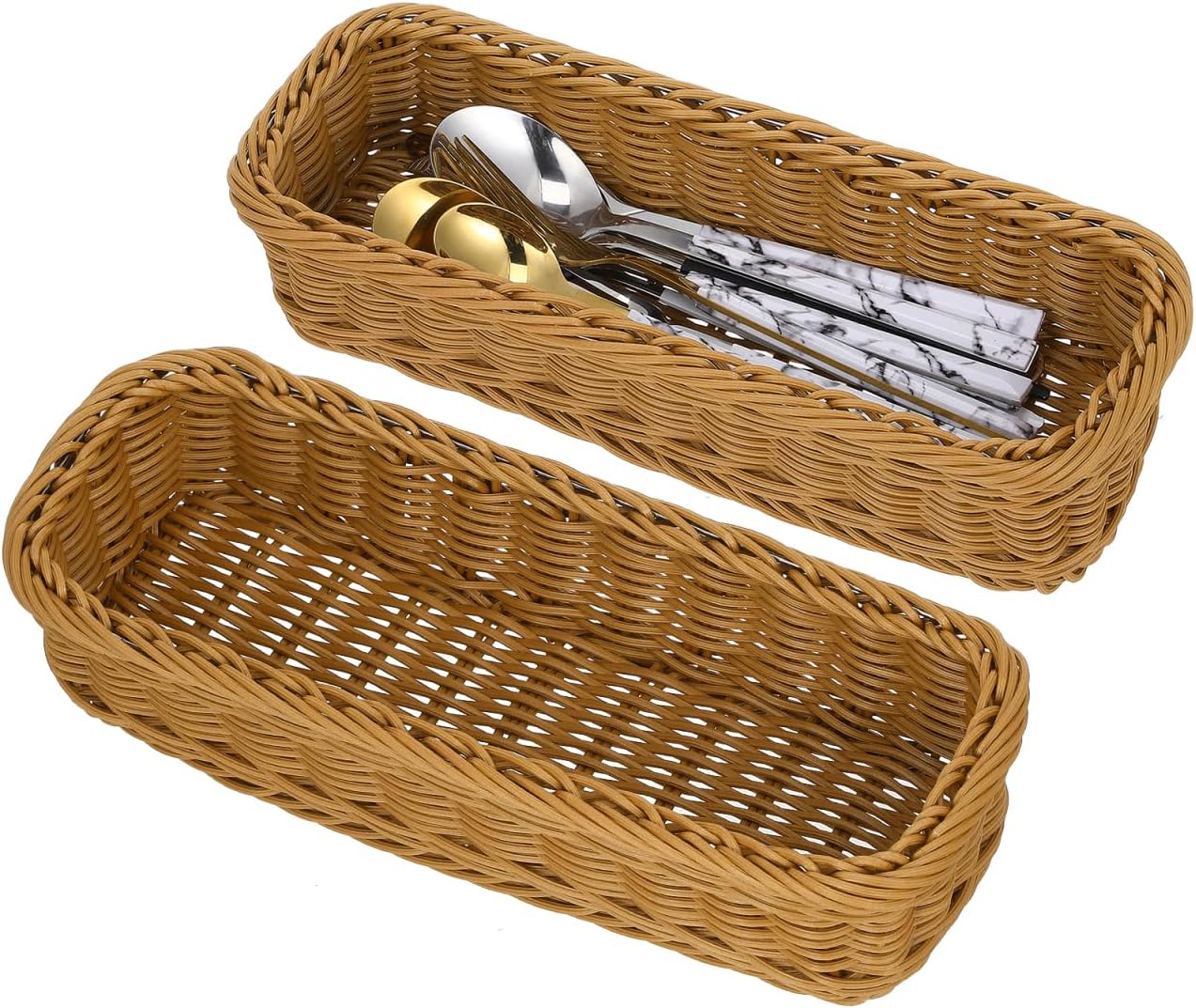 Cabilock 2pcs Wicker Cutlery Basket, Rectangular Woven Storage Bins for Kitchen Drawer, Rattan Utensil Organizer Tray, Flatware Silverware Holder for Dining Table Countertop