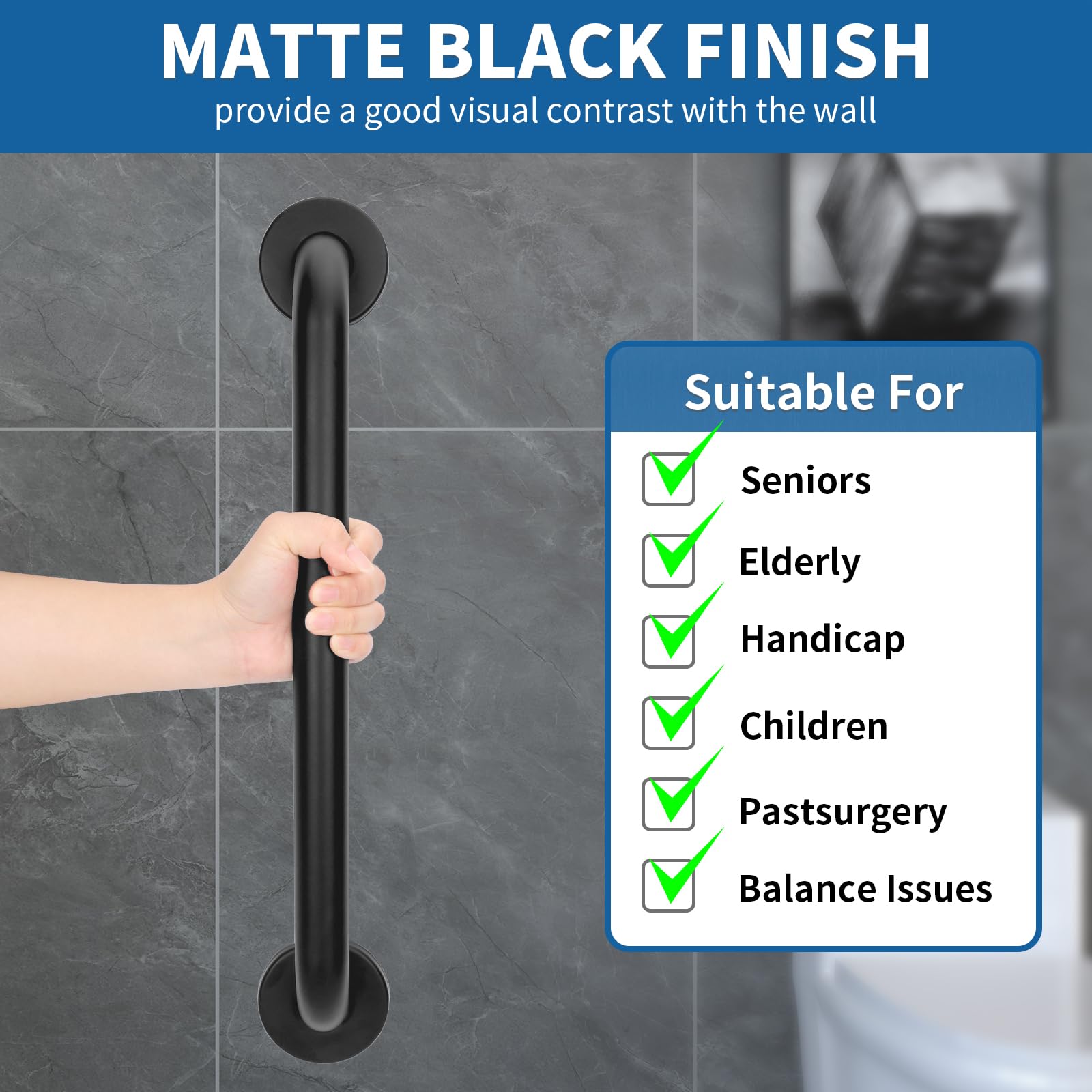 Paquete de 2 barras de seguridad para ducha para personas mayores, mango de ducha antideslizante de acero inoxidable, rieles de mano compatibles con ADA, soporta hasta 500 libras para