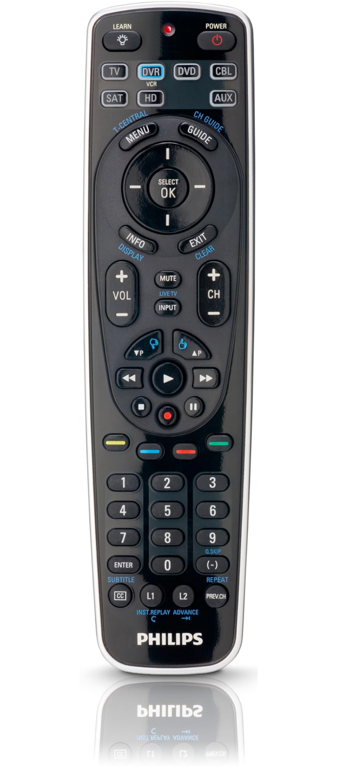 Philips SRP5107/27 Universal Remote Control, black, showing the full layout of buttons including device selection, number pad, navigation, and media controls.