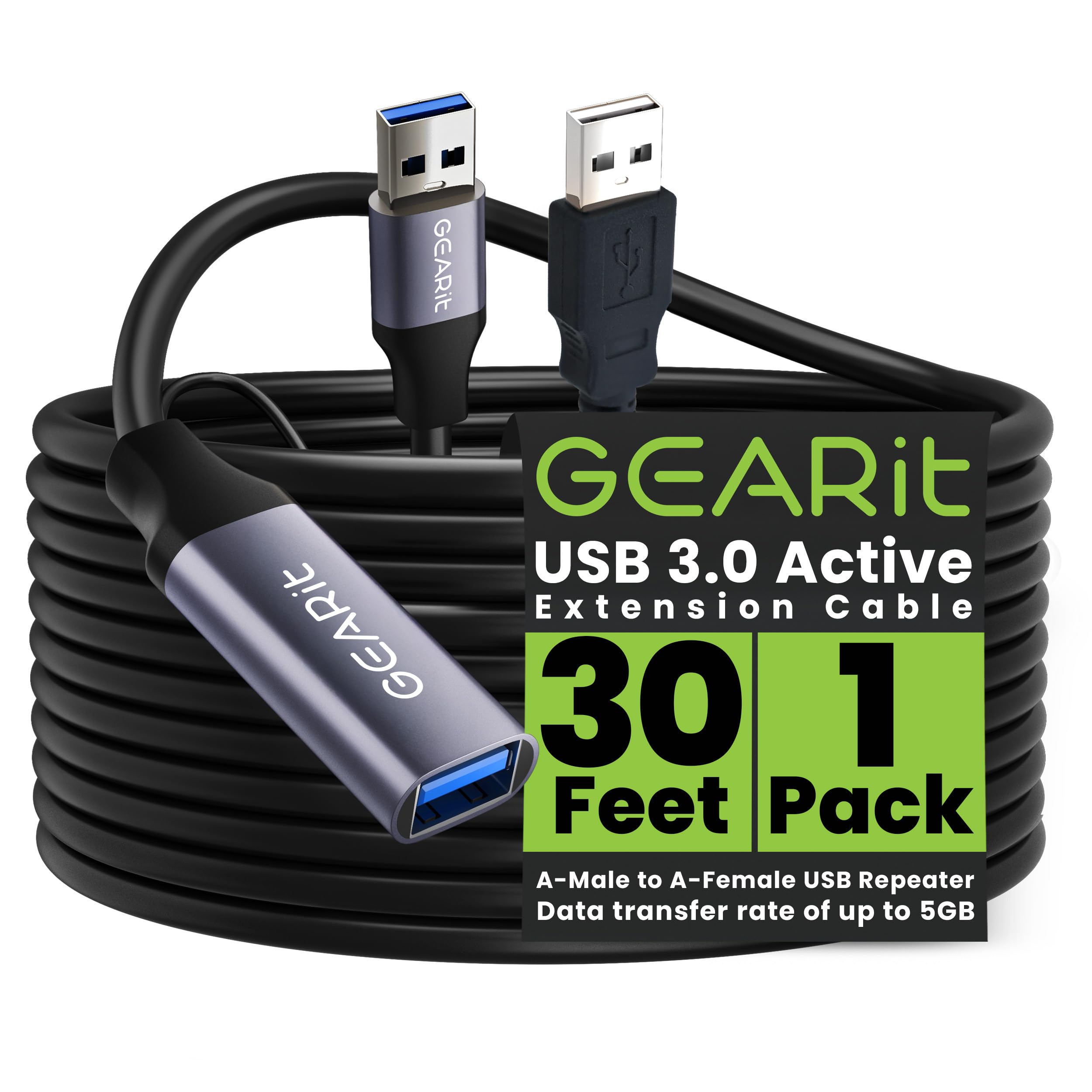 GEARit USB 3.0 Active Extension Cable (30 Feet) A-Male to A-Female USB Repeater with Signal Booster for Oculus Rift, Quest Link, Xbox 360 Kinect,