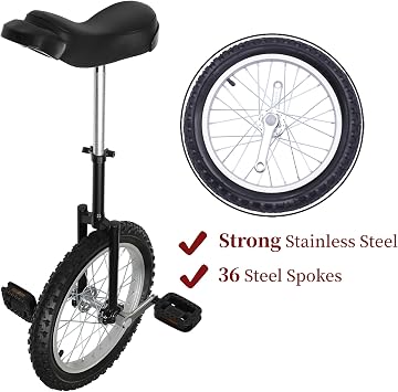 16 Outdoor Wheel Unicycle, Height Adjustable Steel Frame Leakproof Tire Wheel Cycling Exercise Bicycle for Office Workers, Students, Cycling Enthusiasts