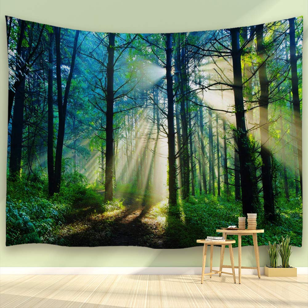 ALFALFA Sunshine Forest Tapestry Morning Green Trees Woodland Grasses Natural Landscape Wall Hanging for Living Room Bedroom Dorm, 90" W x 71" L (230cmx180cm) - Misty Sunshine Forest