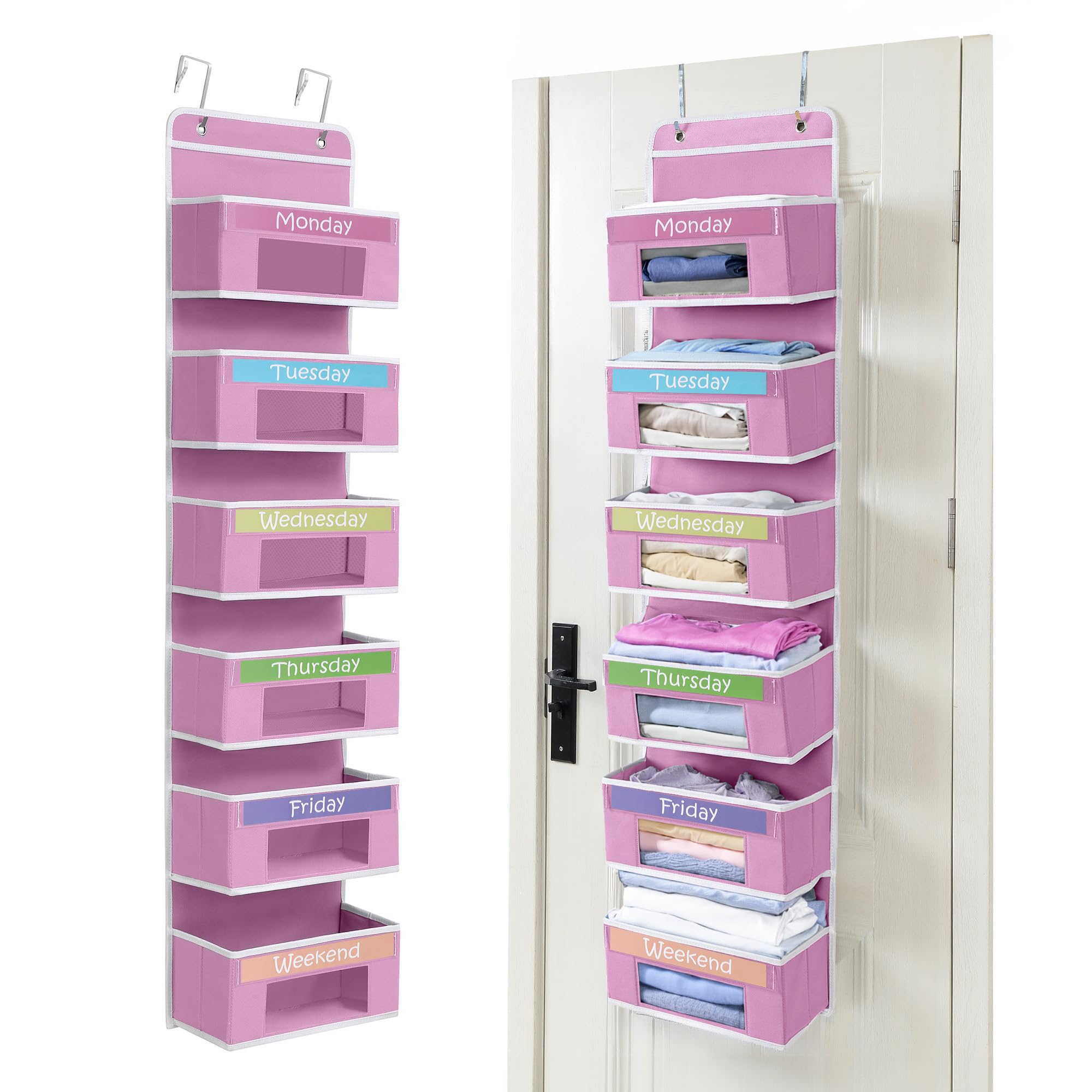 Houseables Weekly Clothes Organizer for Kids, Days of The Week Clothes Organizer, Kids Closet, Daily Outfit Storage, Monday Through Friday Clothing, Weekday, M-F, School, Hanging, Over Door, 6 Shelf