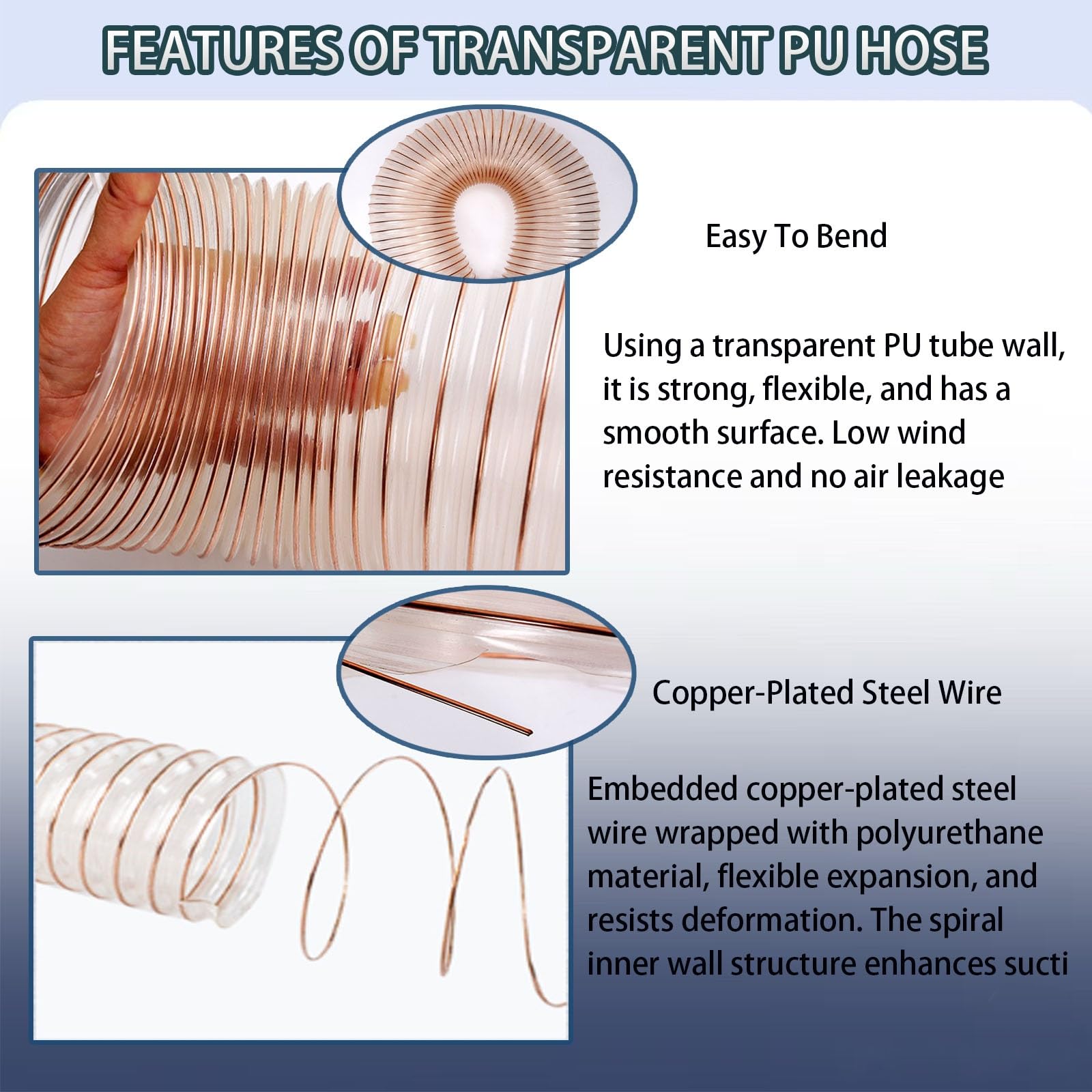 Manguera flexible transparente de recogida de polvo con alambre de acero en espiral, duradera para la gestión de desechos