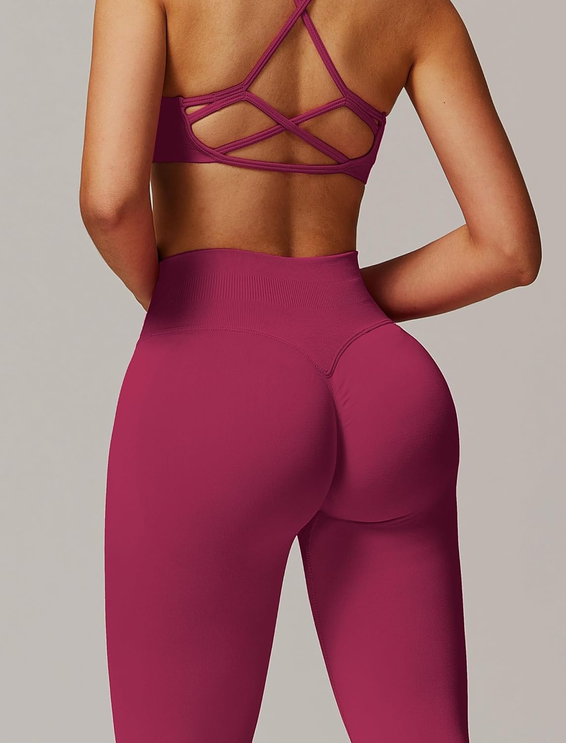 ABOCIW Workout Sets for Women 2 Piece Seamless Backless Strappy Sports Bra Scrunch Butt Lifting High Waist Leggings Gym Set Work Out Clothes Berry Red Small - Image 6