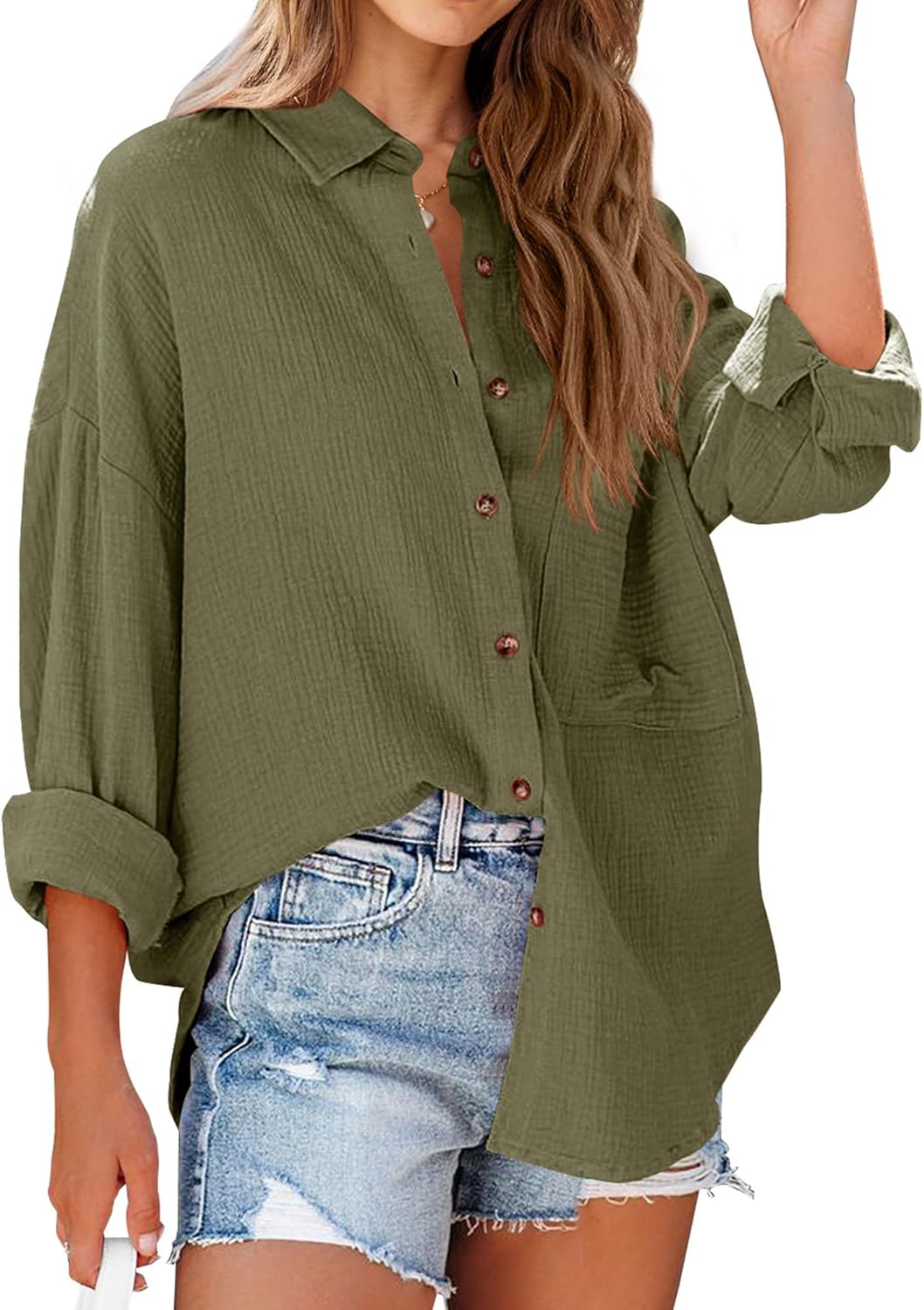 NOLLSOM Casual Shirts for Women Long Sleeve Button Down Blouses Spring 2026 Solid Color Trendy Tops with Pocket
