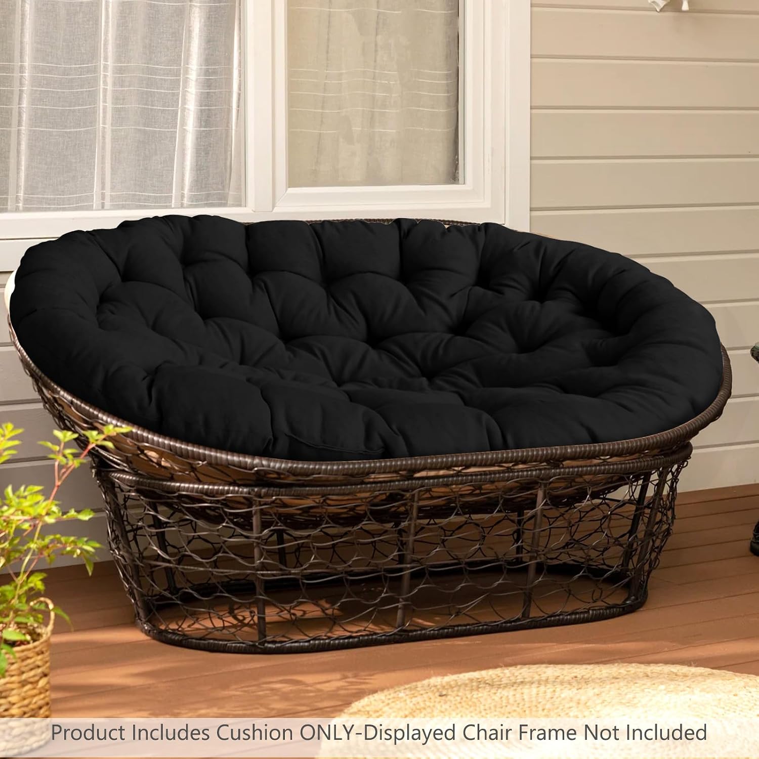 ANMINY Double Papasan Chair Cushion ONLY Waterproof UV-Resistant Outdoor Chair Pads Thick Soft Tufted Wicker Egg Hanging Chair Cushion with Non-Slip Tie Removable Cover, Black