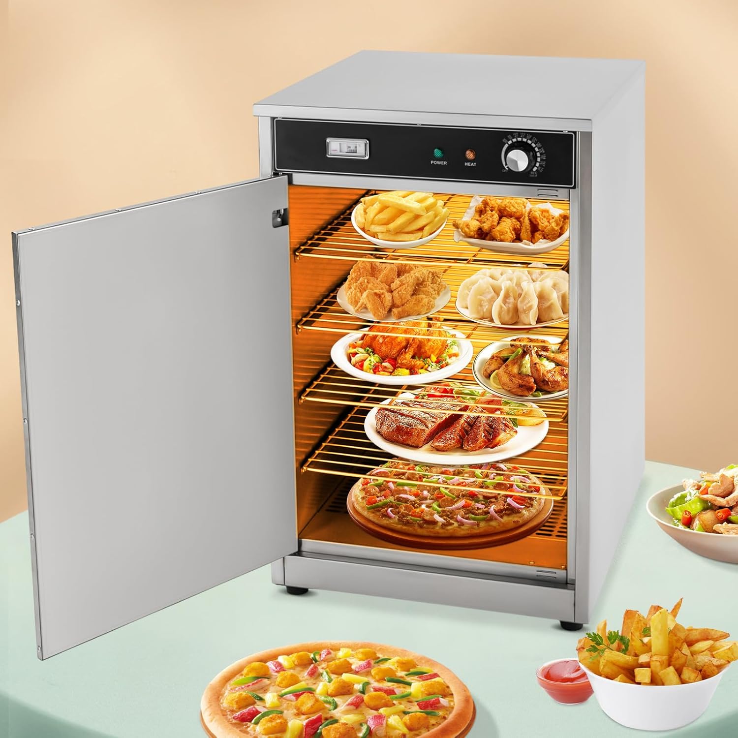 5-Shelf Electric Party Catering Hot Box Food Warmer 110V 600W Countertop Food Warmer Pastry Display Case Food Warming Cabinet 360°Surround PTC Heating Clear Indicator 86-185°F Food Warming Cabinet