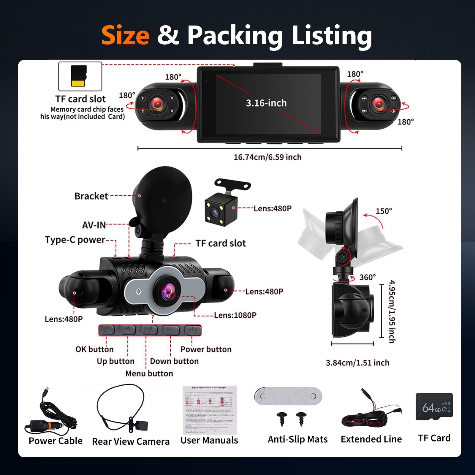 Mirror Dash Cam 4 Channel Front Rear, 3 inch Rückspiegel Kamera mit G-Sensor/Parking Monitoring/Night Vision 360 Grad Schutz+ 64GB Karte