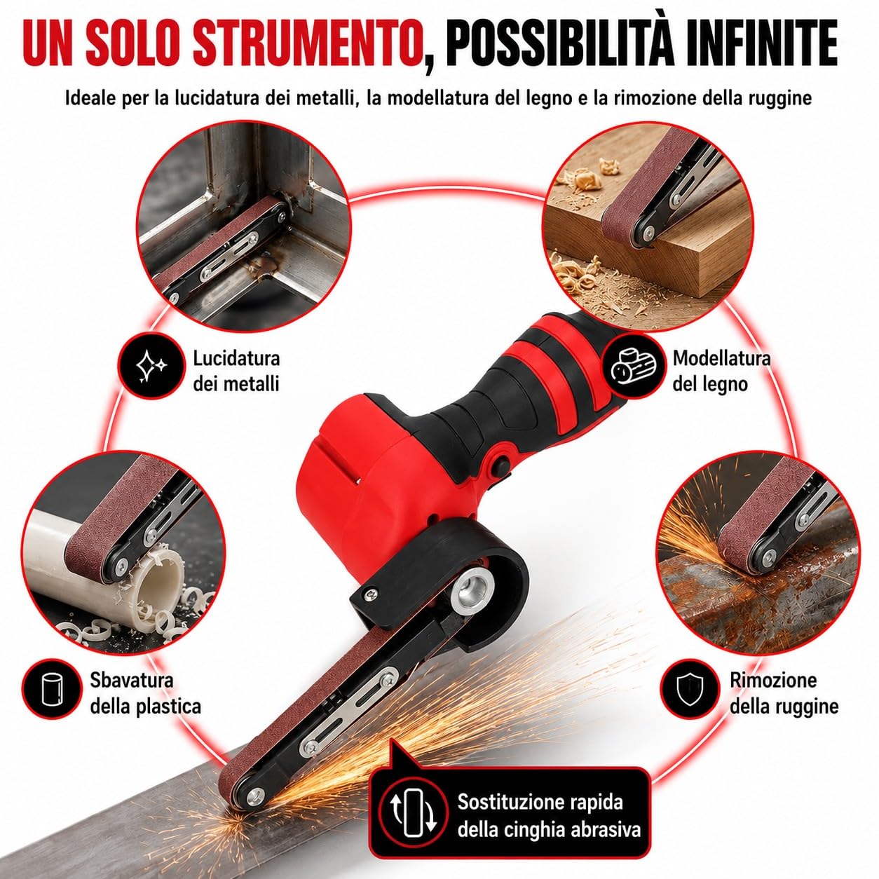 Mini Levigatrice a Nastro a Batteria 24V 10x330mm 360° con 2 Batterie 10 Nastri Abrasivi per Metallo Legno
