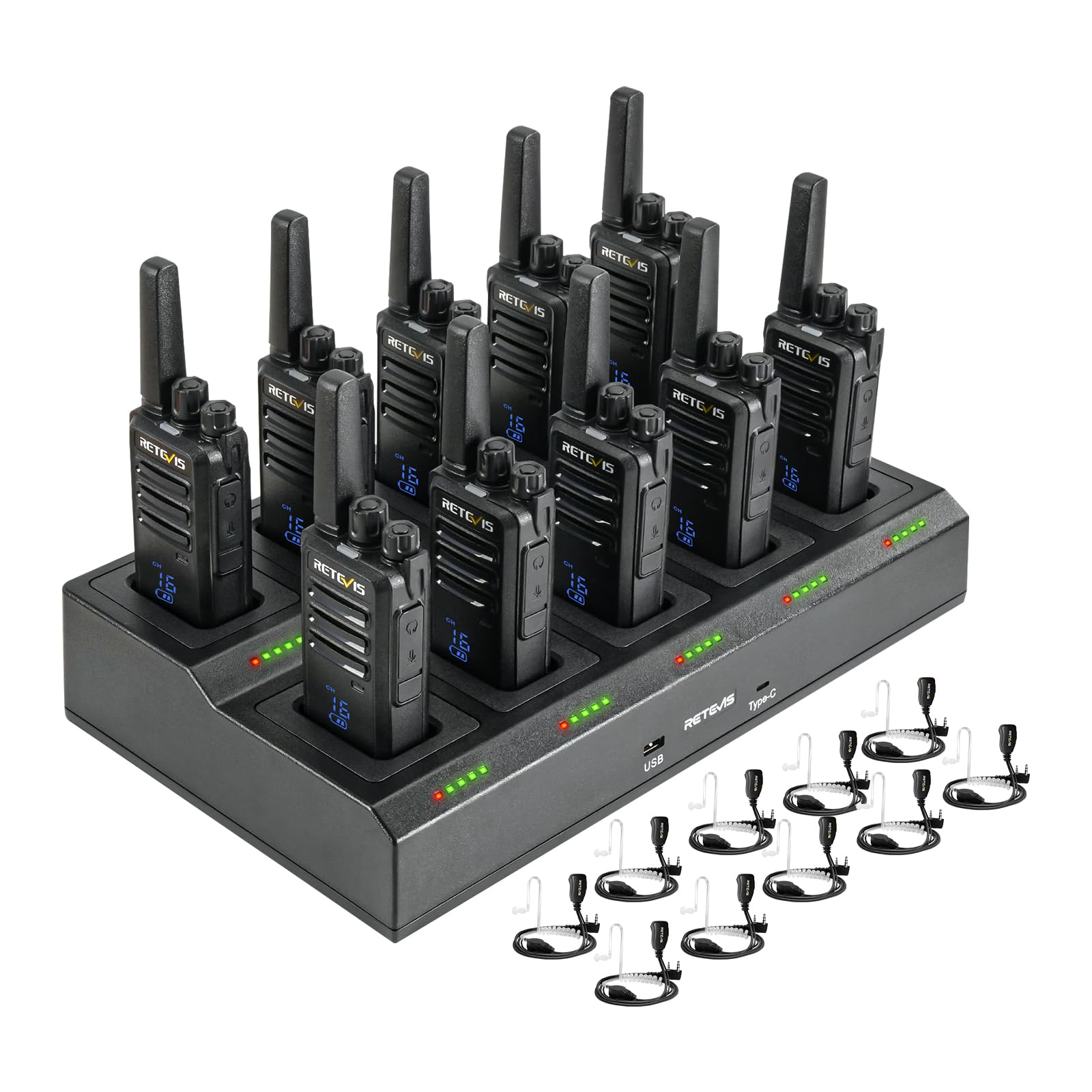 Retevis RT668H Talkie-Walkie, Talkie Walkie Rechargeable avec Écran Masqué, Barre de Progression de Charge, Chargeur 10 en 1 avec Écouteurs, Ensemble Talky Walky pour Hôtel, Sécurité(Noir, 10 Pièces)