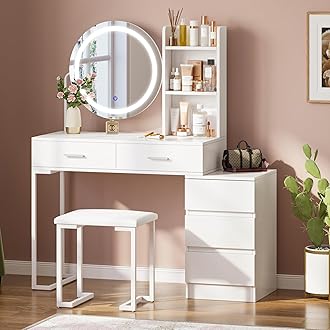 Dressing Table with Mirror and Stool, Modern Vanity Table Makeup Desk with Lights Mirror & 5 Drawers, Bedroom White Dressing Table Set Cosmetics Dresser with Shelves and Side Cabinet for Girls Women