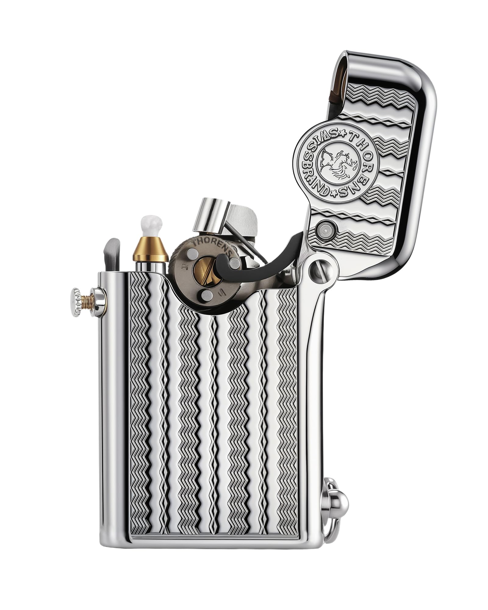 THORENS Gen 1 Single Claw Water Ripple Benzinfeuerzeug, Messing | Vintage, Softflamme, Autozündung, nachfüllbar, Sicherheitssperre, galvanisiert, Gravur, Luxus, Sammlerstück, Ehemann-Geschenk
