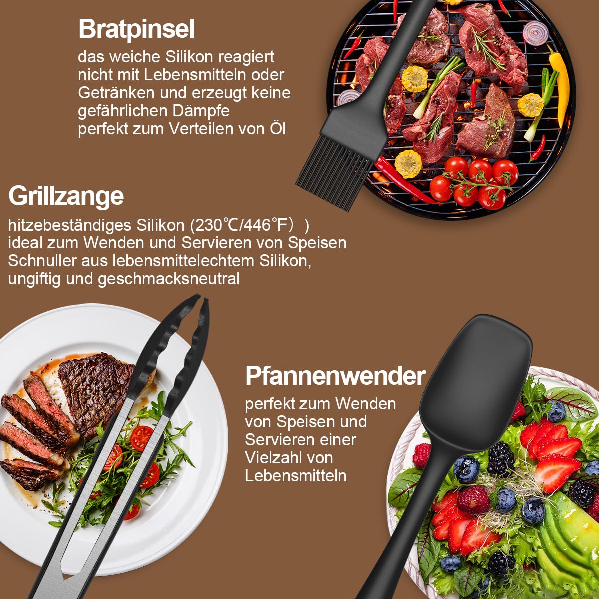 Set Utensili Da Cucina 15 Pezzi In Silicone - Resistente Al Calore, Con Portautensili, Kaki - Foto 4