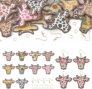 40pcs Wooden Cow Head Charms Western Style Flower Printed Ox Head Pendants & 50pcs Earring Hooks & 50pcs Jump Rings for Boho Earring DIY Jewelry Making