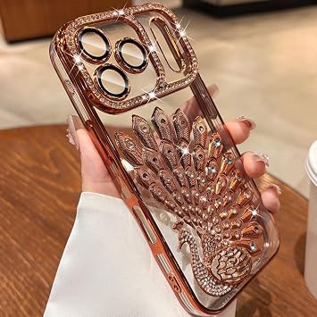 iPhone 16用 高級メッキ 孔雀グリッター スマホケース ソフトクリアTPUレンズフィルムカバー(iPhone 16/シルバーTM)