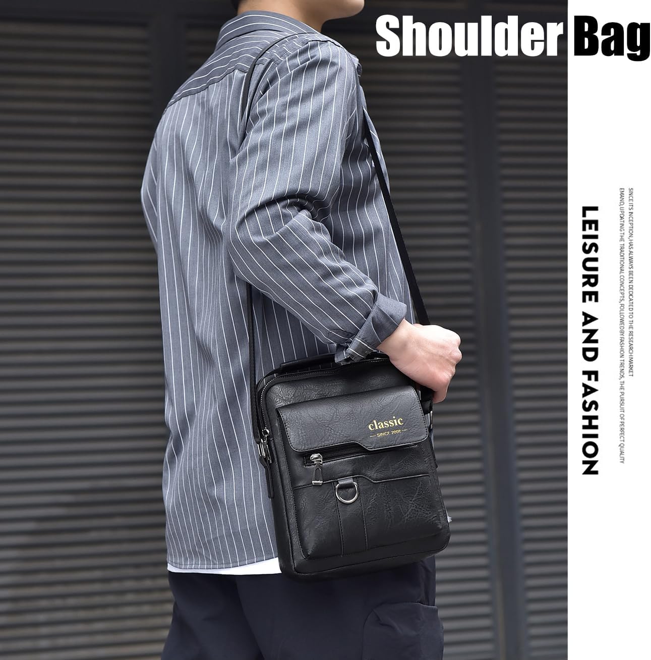 Classic Leather Messenger Bag for Men, Vintage Style Black Crossbody Shoulder Bag with Multiple Pockets for Men, Suitable for Work, Office and Business Trip