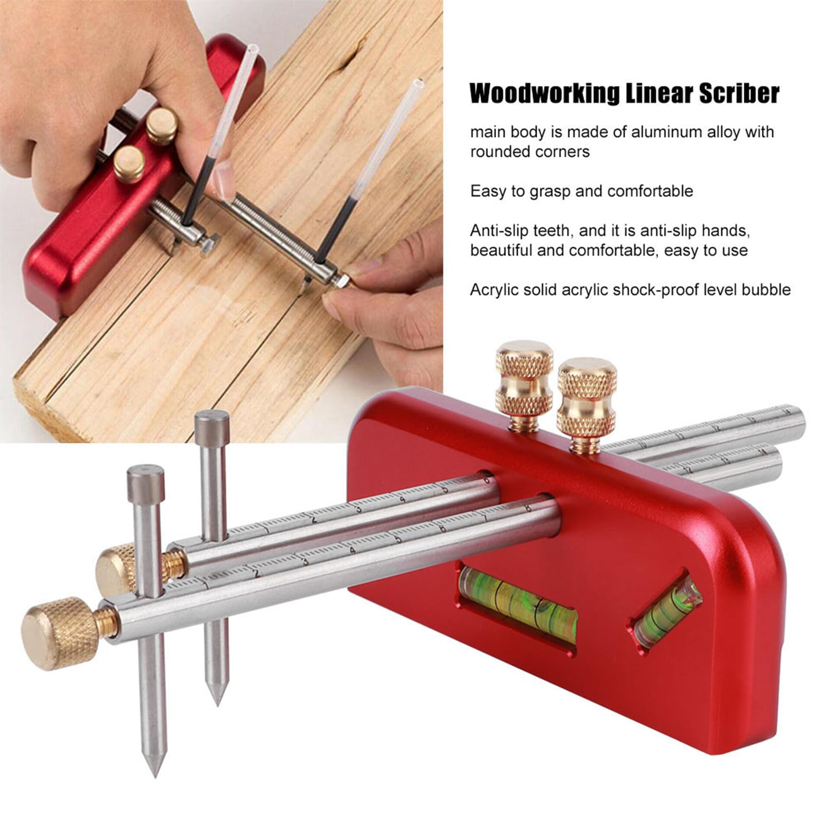 Fabater Calibro da Mortasa per Tracciatore Lineare per la Lavorazione del Legno, Strumento di Marcatura per Carpentiere in Lega di Alluminio a Doppia Testa con Bolla di Livello e, Righello Portatile
