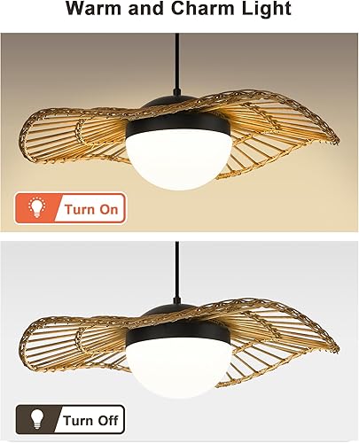 Miniatura 6 de HWH - Lámpara colgante de ratán LED, lámpara colgante de bambú de 20 pulgadas, iluminación costera tejida a mano, sombrero de paja, jaula de paja,
