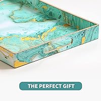 Vista 5 de Bandeja de mesa auxiliar para sala de estar, 2 bandejas delicadas para servir con asas, moderna bandeja otomana de plástico marmolado, bandeja