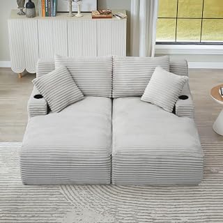 71" Oversized Double Chaise Lounge Sofa Indoor Boneless Sleeper Daybed, Fluffy Corduroy Upholstered Compressed Cloud Couch Loveseat Sofabed, Floor Chair w/Cupholders, Side Pockets for Living Room