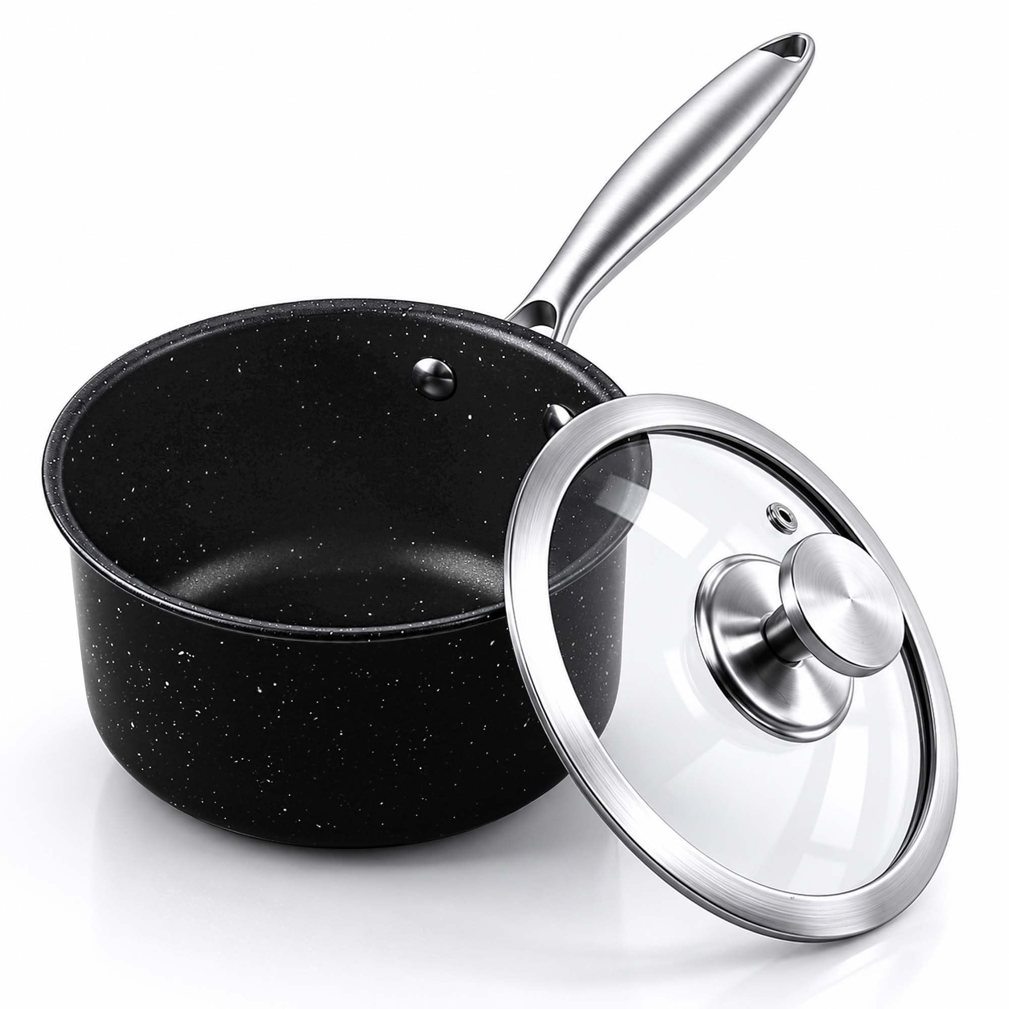 Tieplis 16cm Saucepan, Stainless Steel Milk Cooking Pan with Glass Lid, Durable Sauce Pan for Healthy Cooking, Suitable for Induction, Gas & Electric Hobs, Nonstick Black Coating & Easy Clean