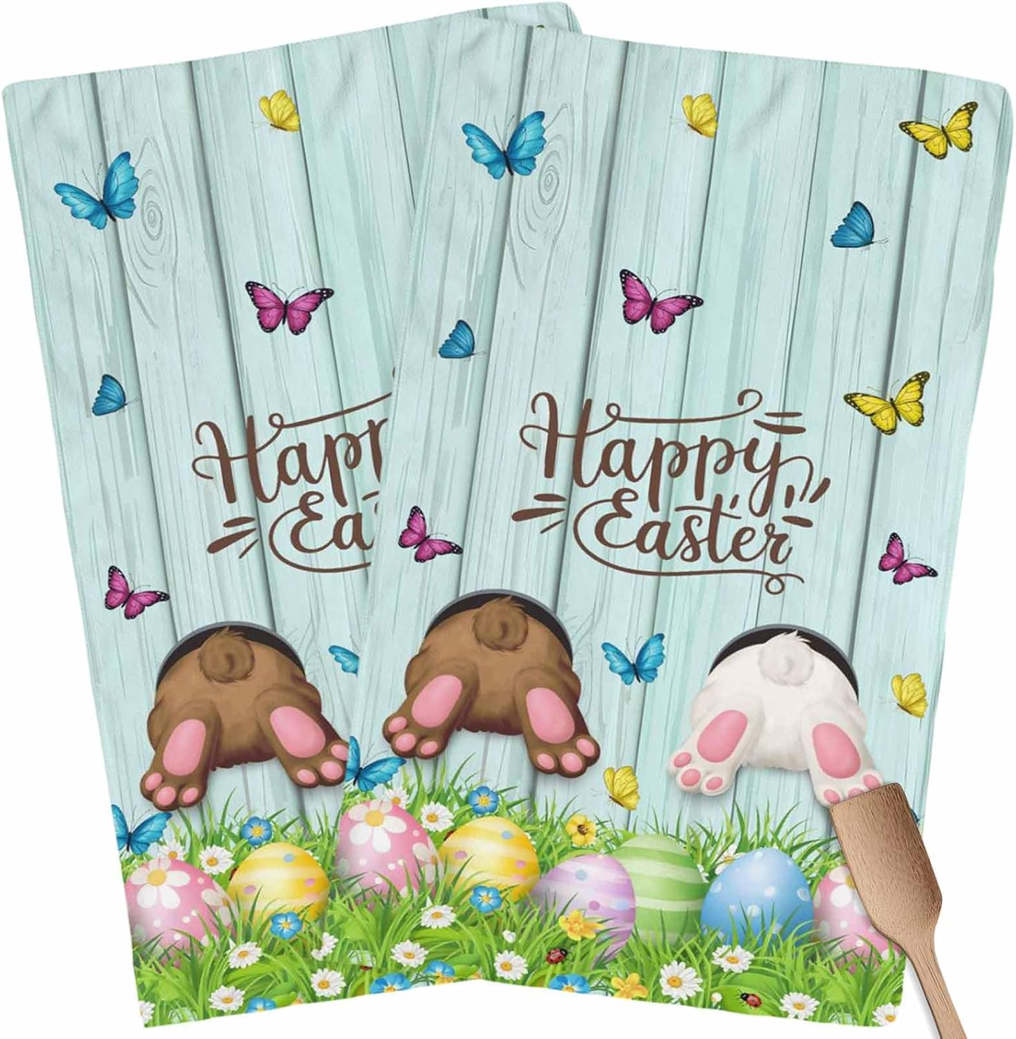 Kitchen Towels Dish Cloths 2 Pack 18x28in,Happy Easter Bunny Butt Egg Floral Super Absorbent Tea Bar Towel Cleaning Cloth Spring Plant on Aqua Wood Soft Hand Towels for Drying Dishes
