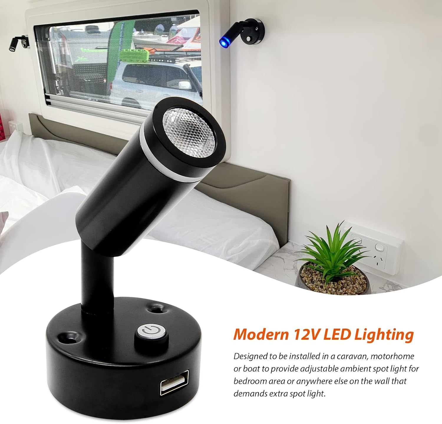 Dream lighting RV LED Reading Lights Dimmable Bedside Reading Lamp with USB Wall Mount for 12V RV Camper Trailer Cabinet Spot Lamp Blue Warm White Light with Switch Pack of 2