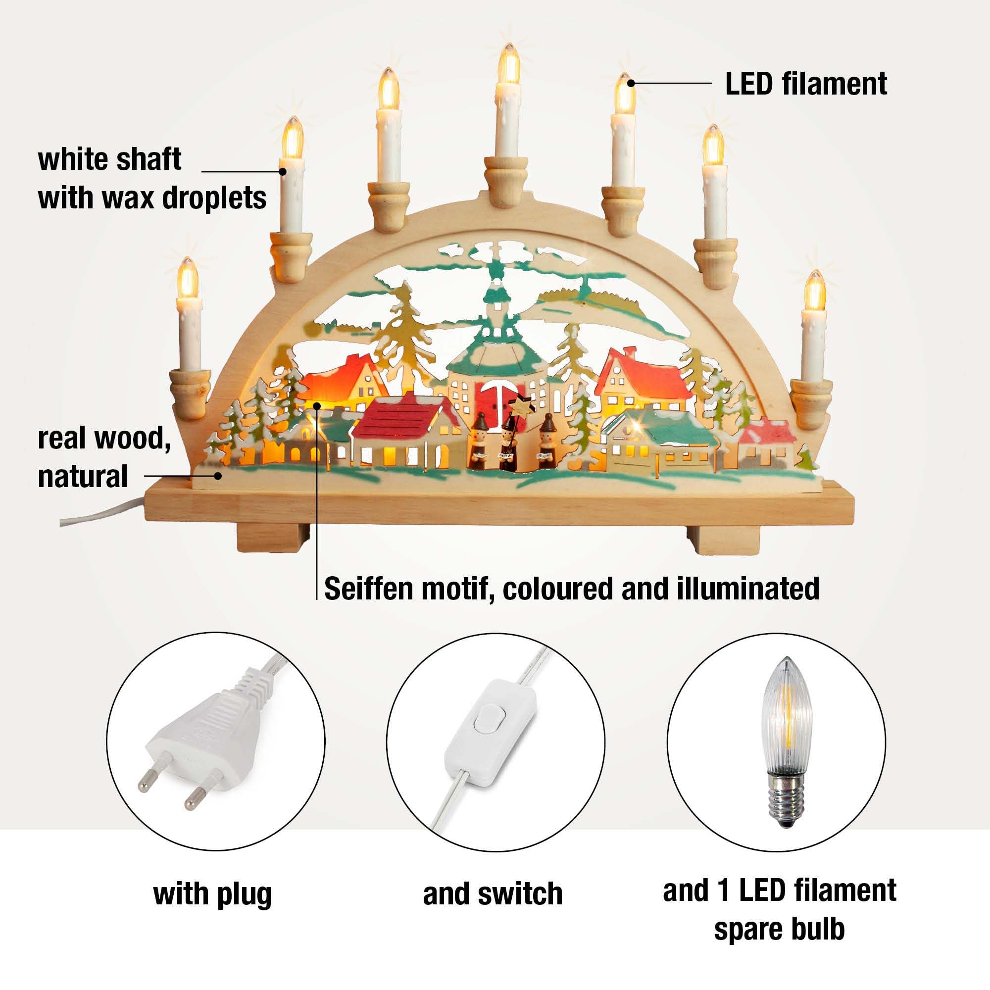 hellum 151817 Arche lumineuse, Décoration de Noël avec 10 bougies (+ 2 bougies de rechange) pour l'intérieur Motif chanteur d'étoiles en bois avec interrupteur et prise