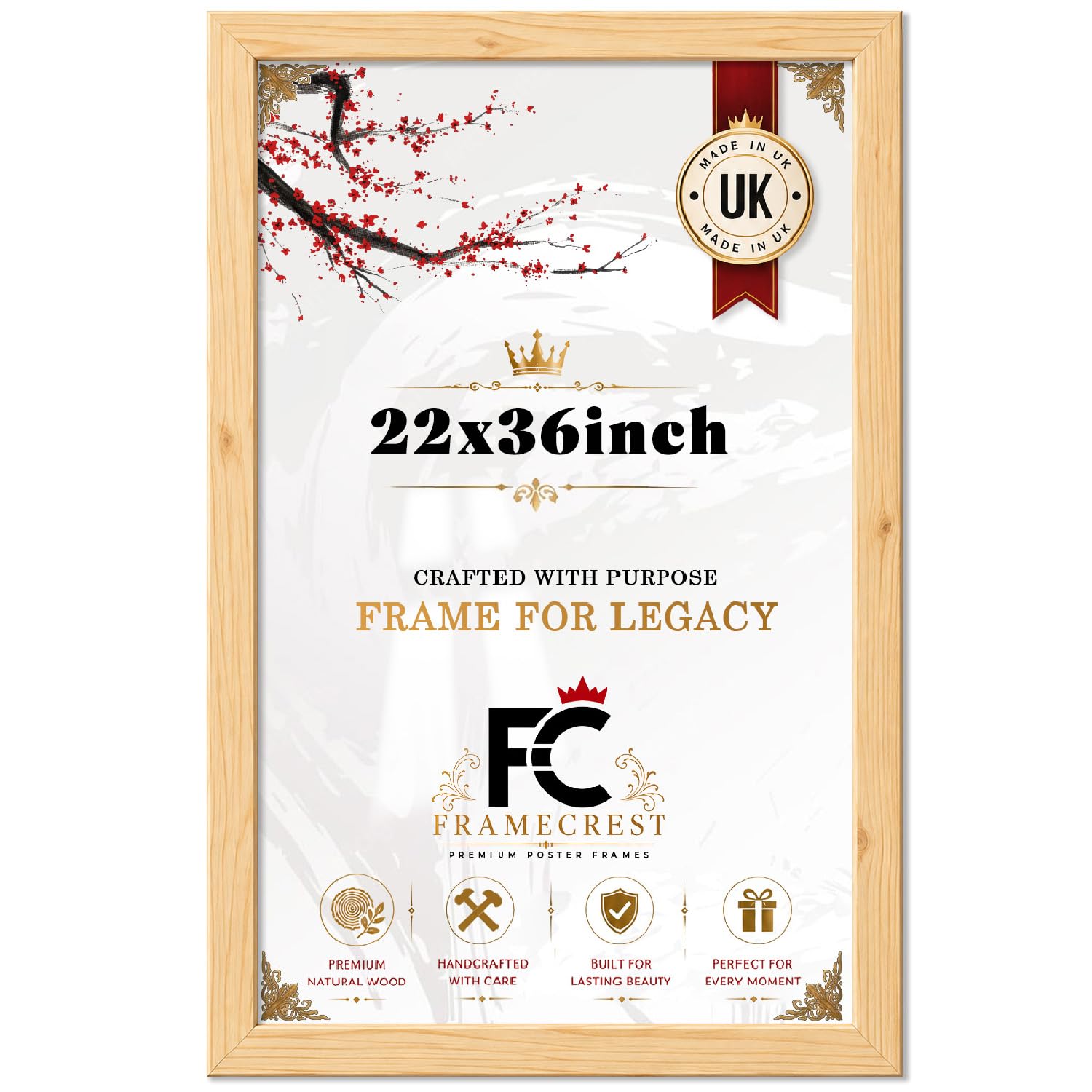 FRAMECREST Luxury Design MDF Poster Frame 22x36 Inches Size | Crystal Clear Perspex | Perfect for Posters, Artwork & Photography - [Pine]