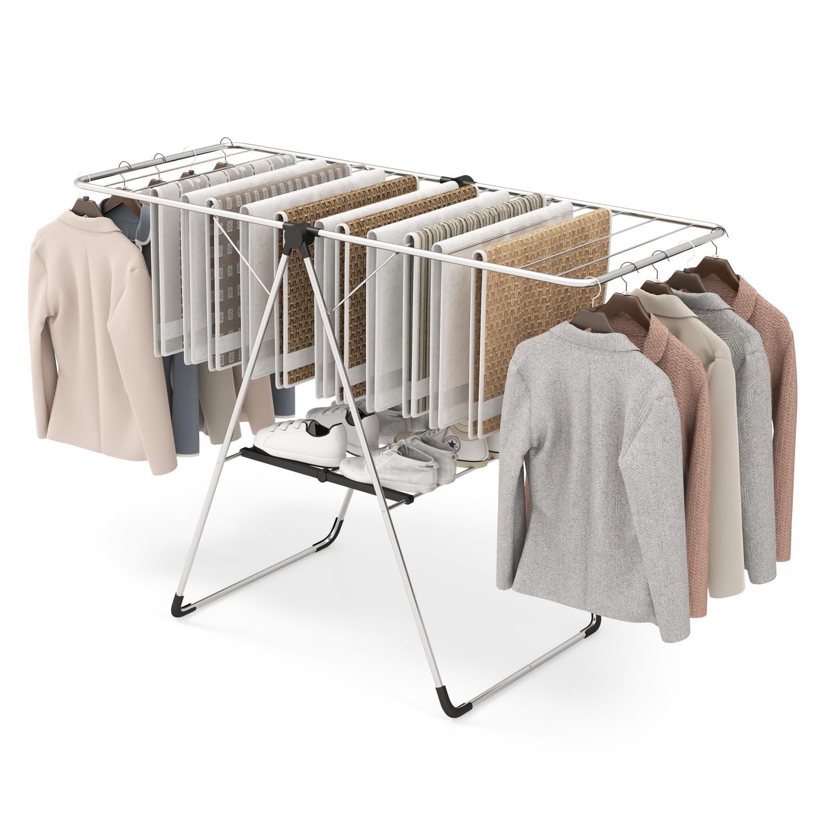 Tangkula 2-Level Collapsible Clothes Drying Rack w/Height-Adjustable Wings