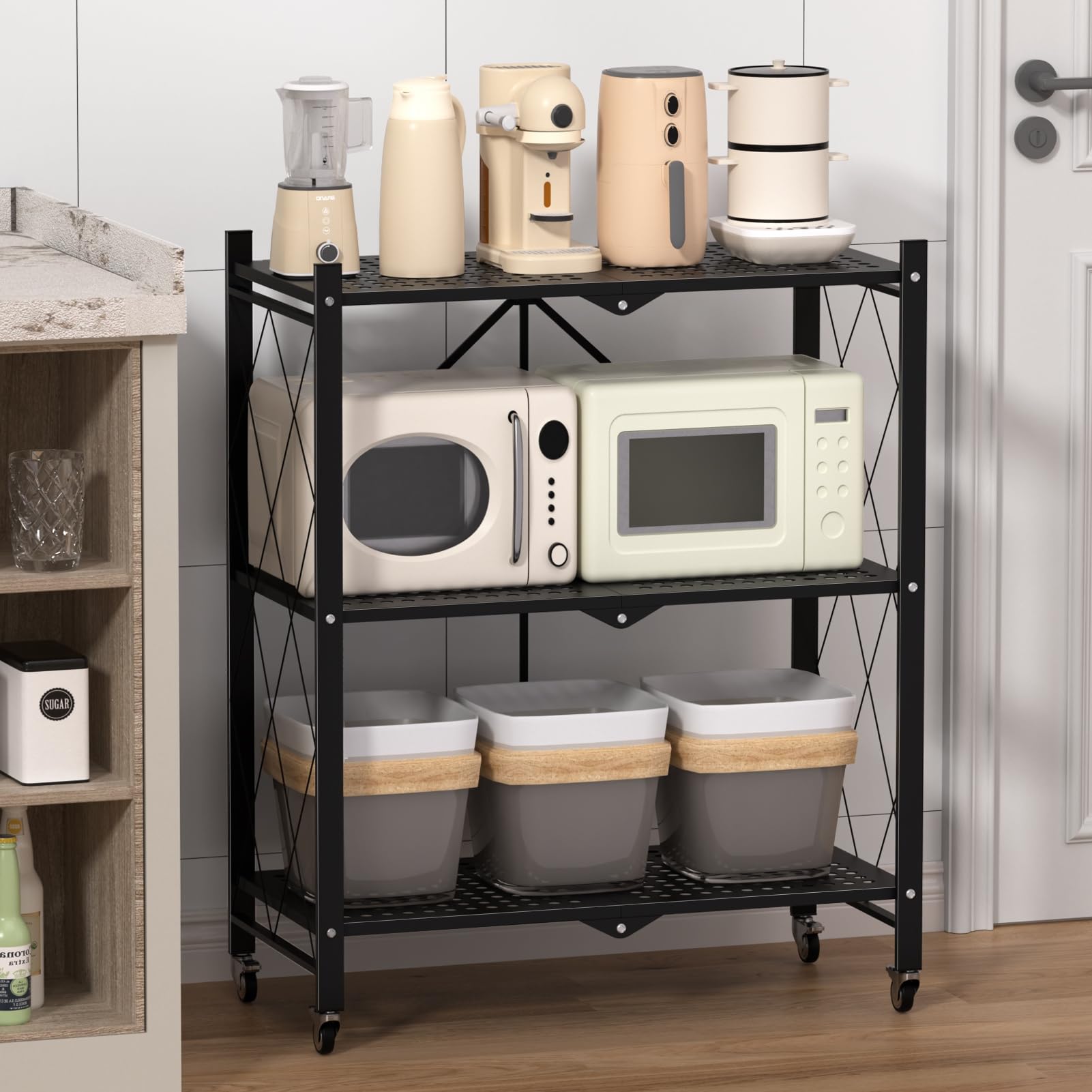 Scaffali pieghevoli in metallo, con ruote, mensola pieghevole per dispensa, cucina, garage, ufficio e stanza, colore nero, 3 ripiani
