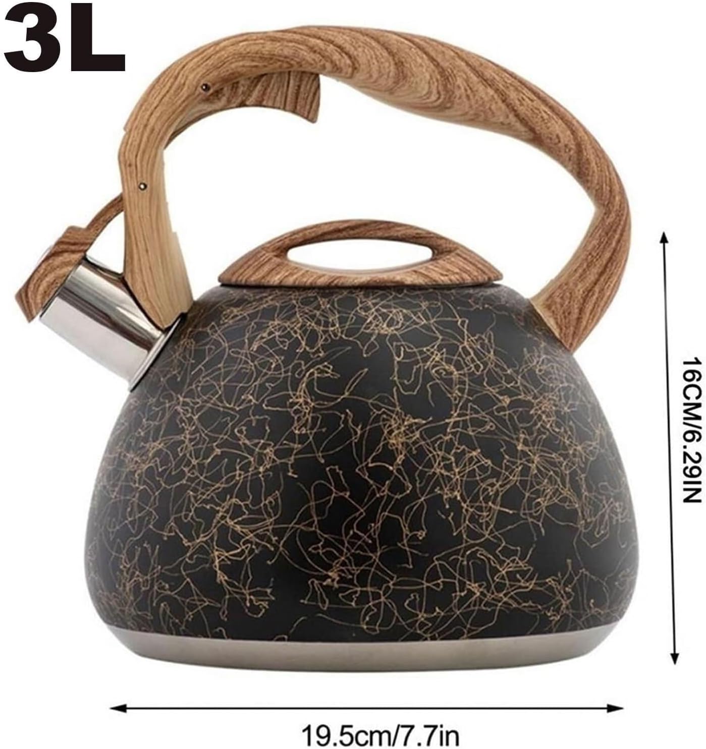 Black Tea Kettle Stovetop, Whistling Tea Pots for Stove Top Teapot with Wood Pattern Cool Touch Handle, Food Grade 304 Stainless Steel Teakettle for Tea, Coffee, Milk