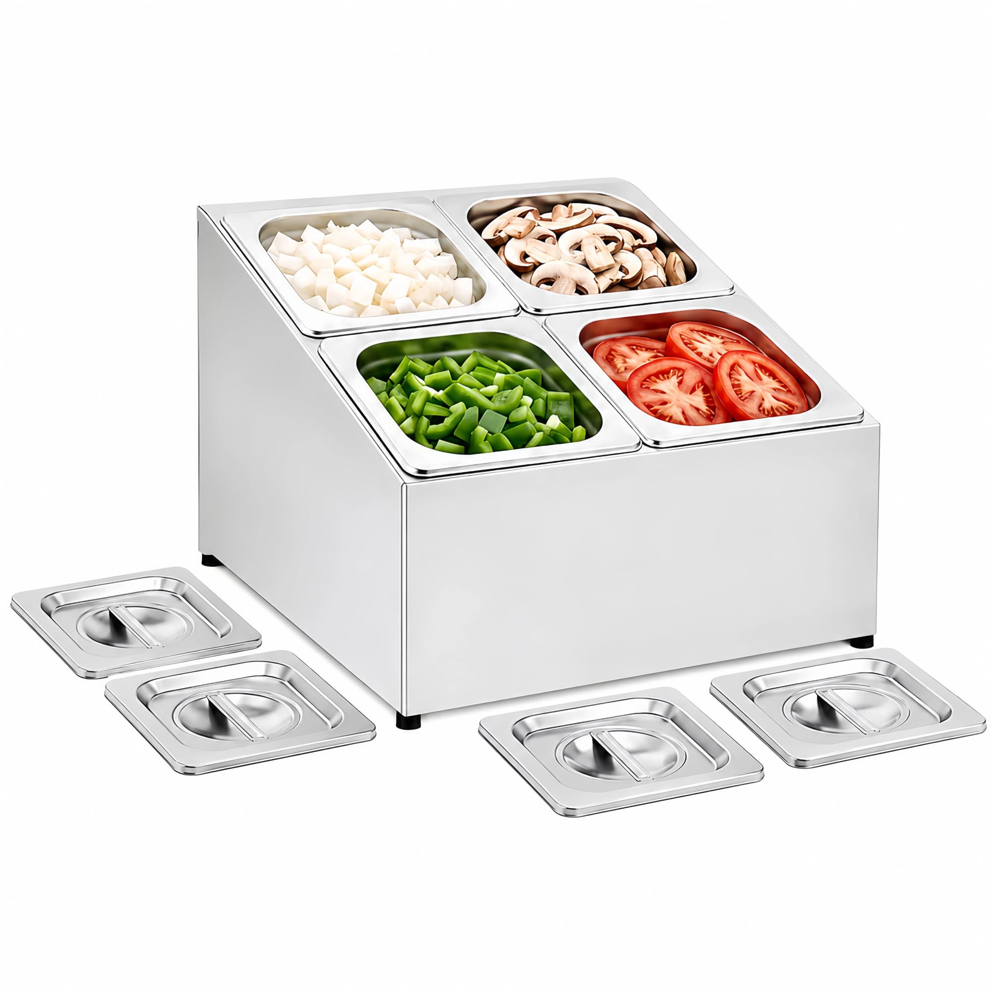 EASYROSE Commercial Stainless Steel Condiment Dispenser (2x2) - 4 GN 1/6 Pans & Steel Lids. Topping Station Heavy-Duty Ingredient Organizer for Restaurants, Pizza & Takeaways